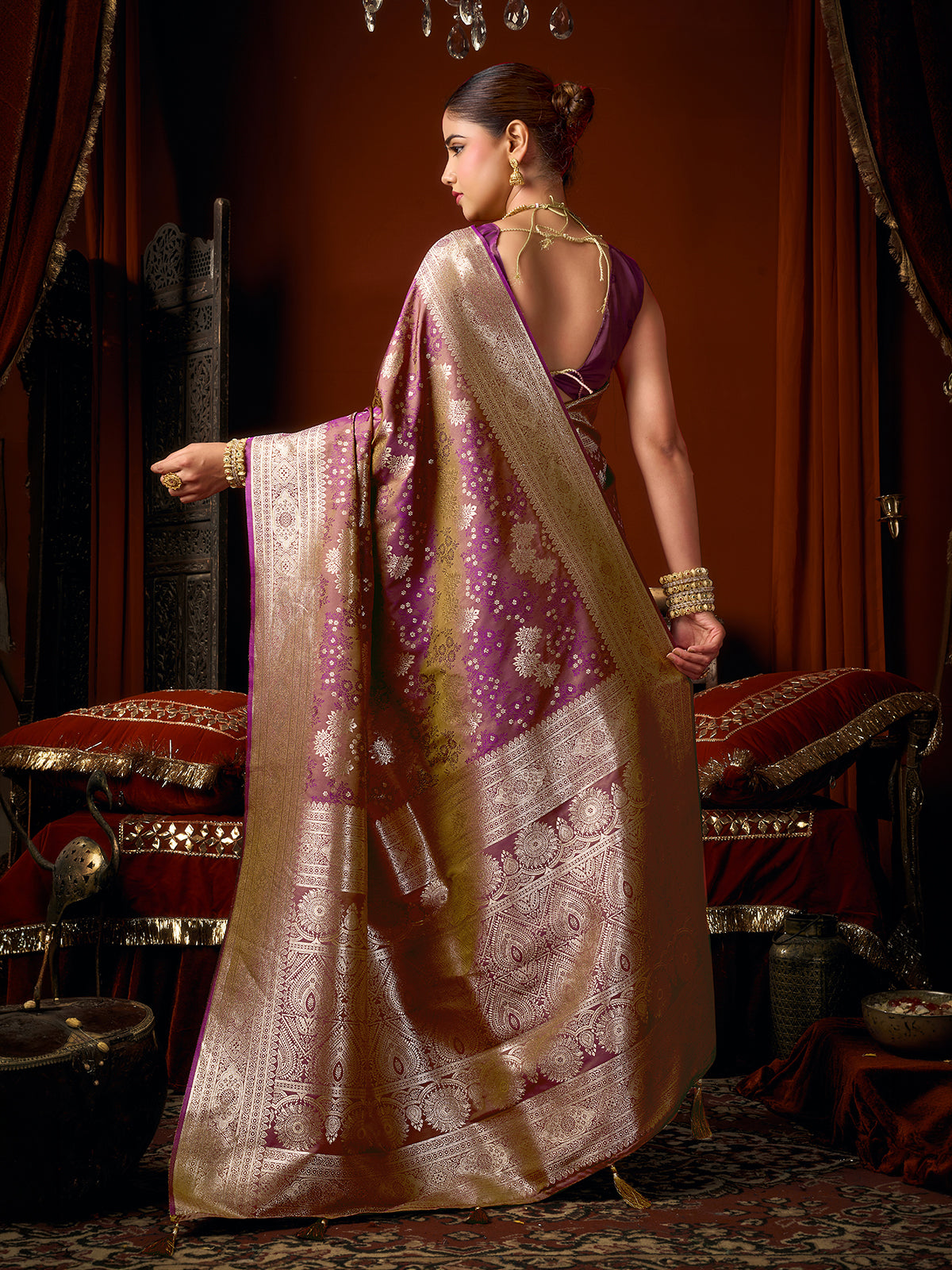 Deep purple royal banarasi soft silk saree