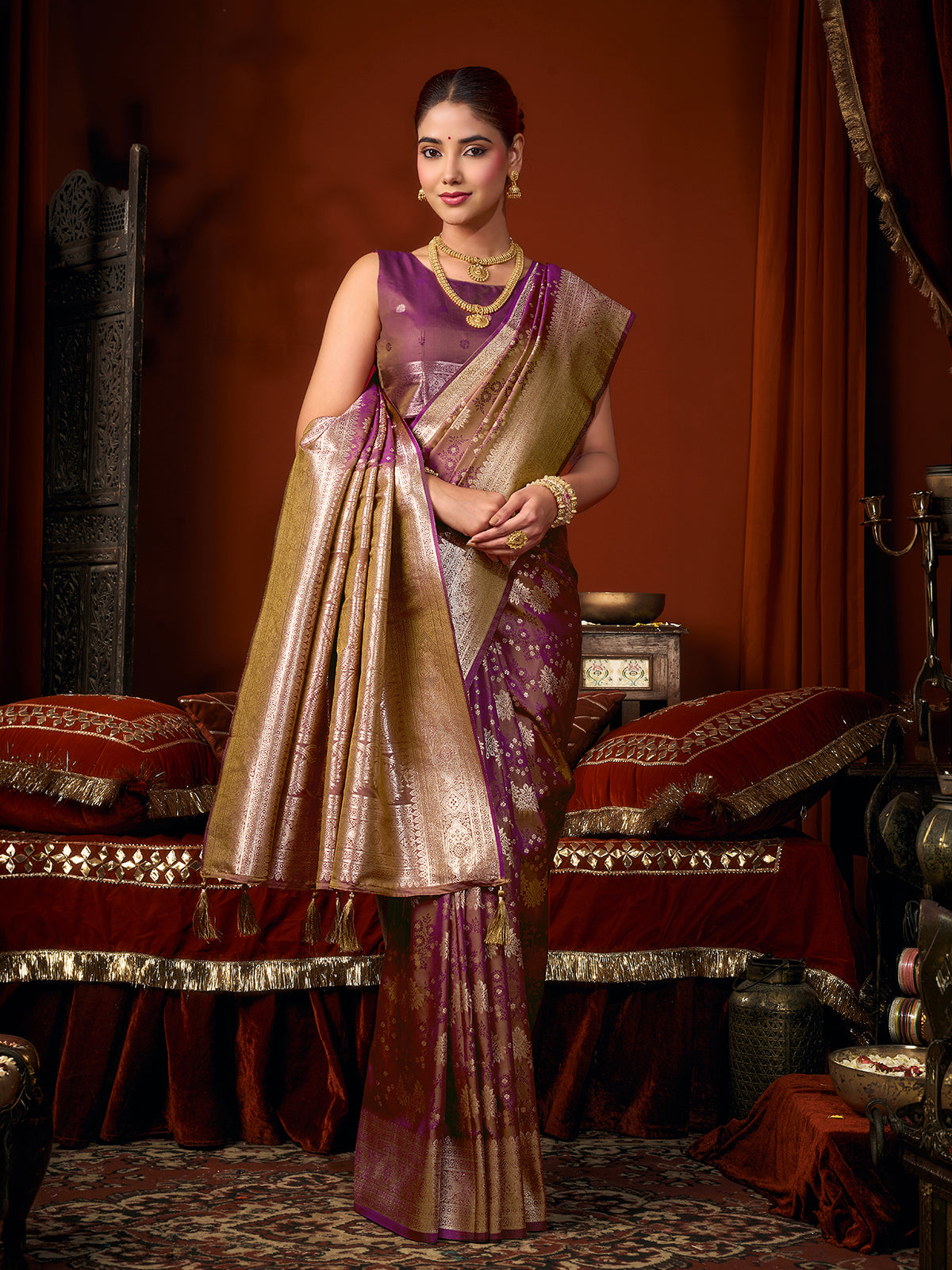 Deep purple royal banarasi soft silk saree