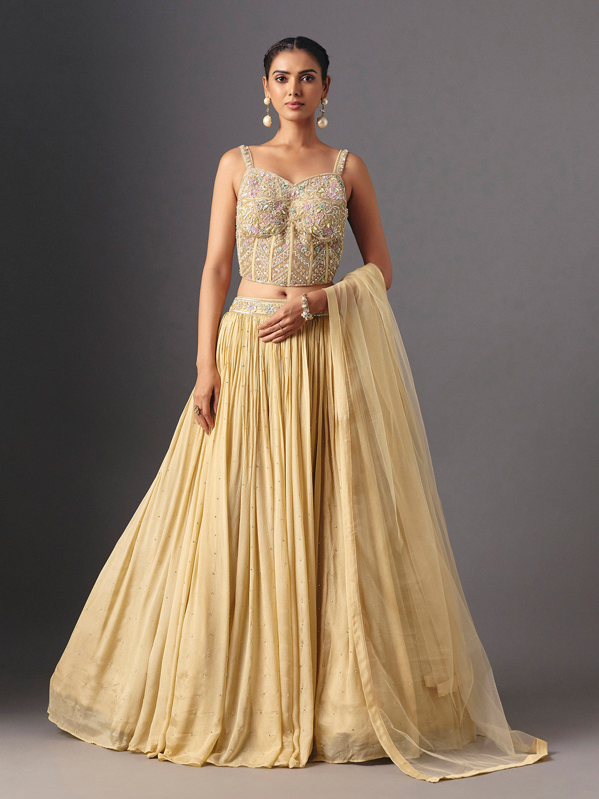Beige chiffon georgette designer lehenga choli with dupatta style