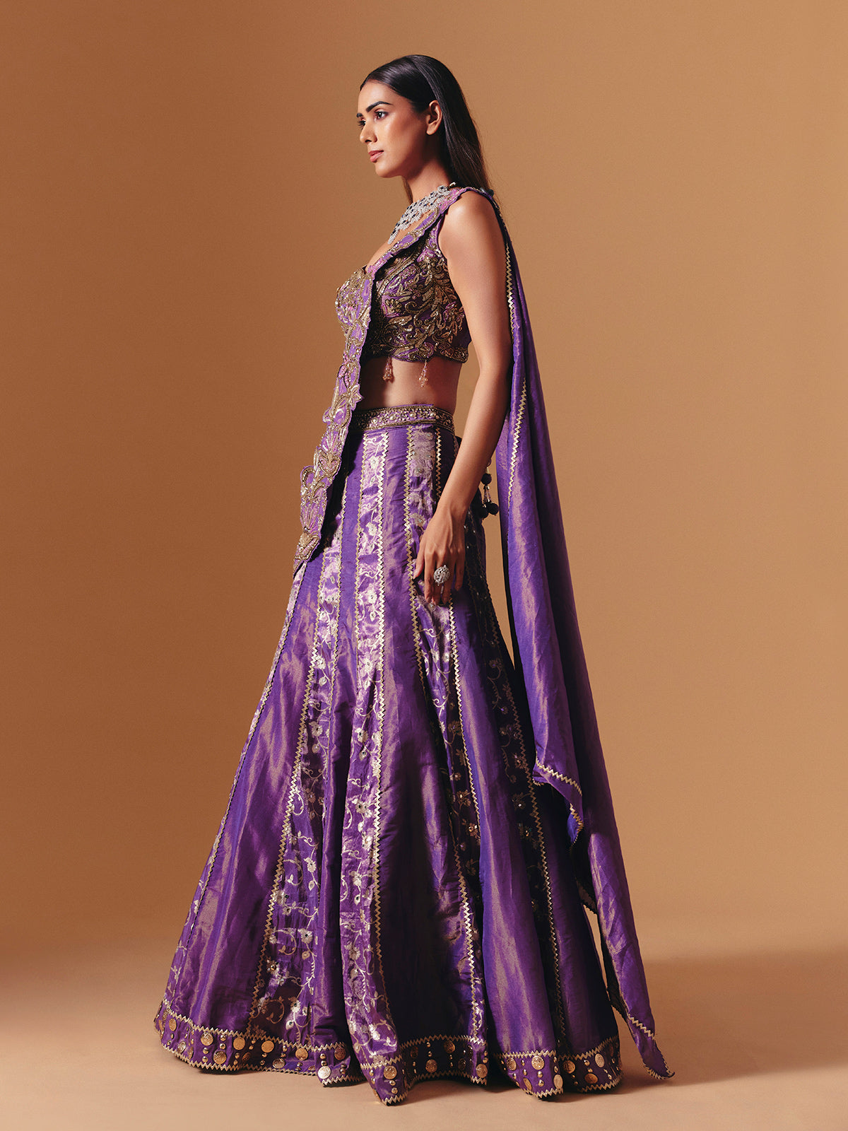 Purple designer silk lehenga choli with attached dupatta elegance