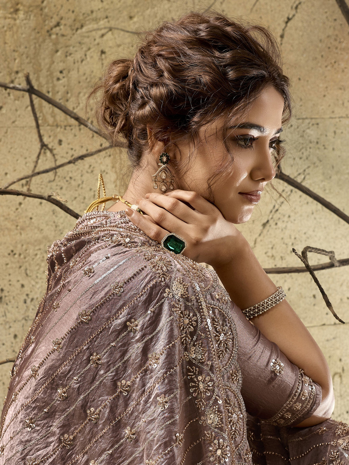 Dusty rose pink couture shimmer saree
