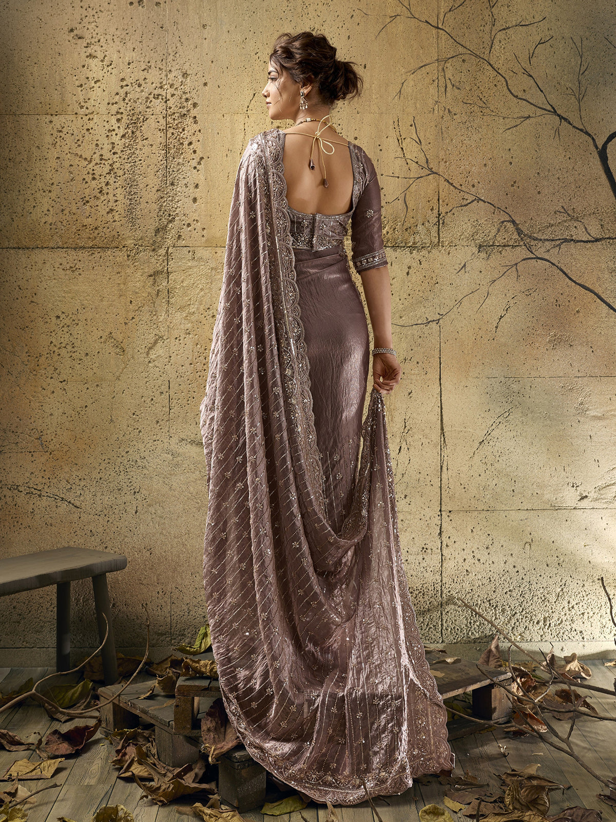 Dusty rose pink couture shimmer saree