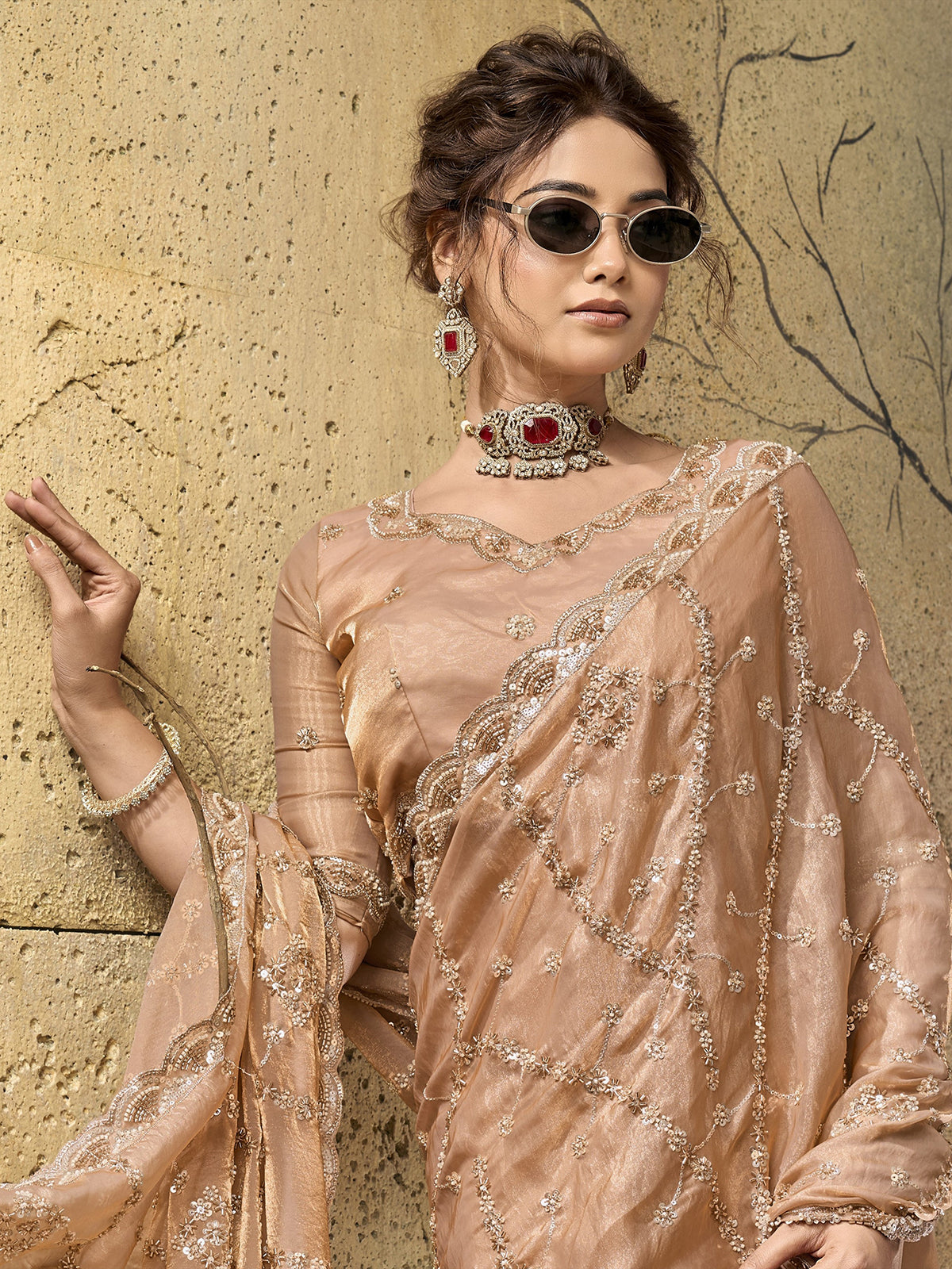 Beige royal glamour satin saree