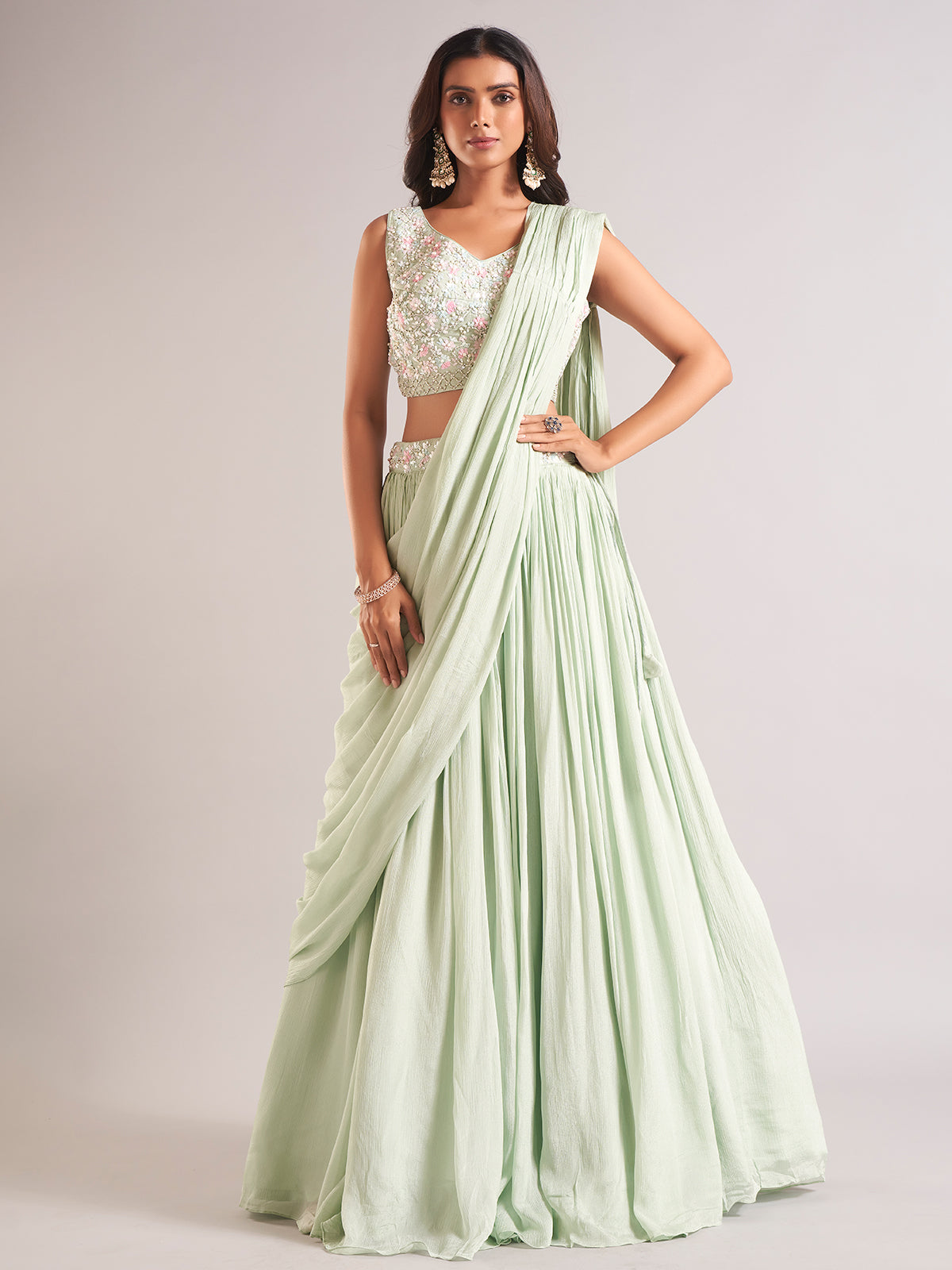 Pista green georgette lehenga choli for women