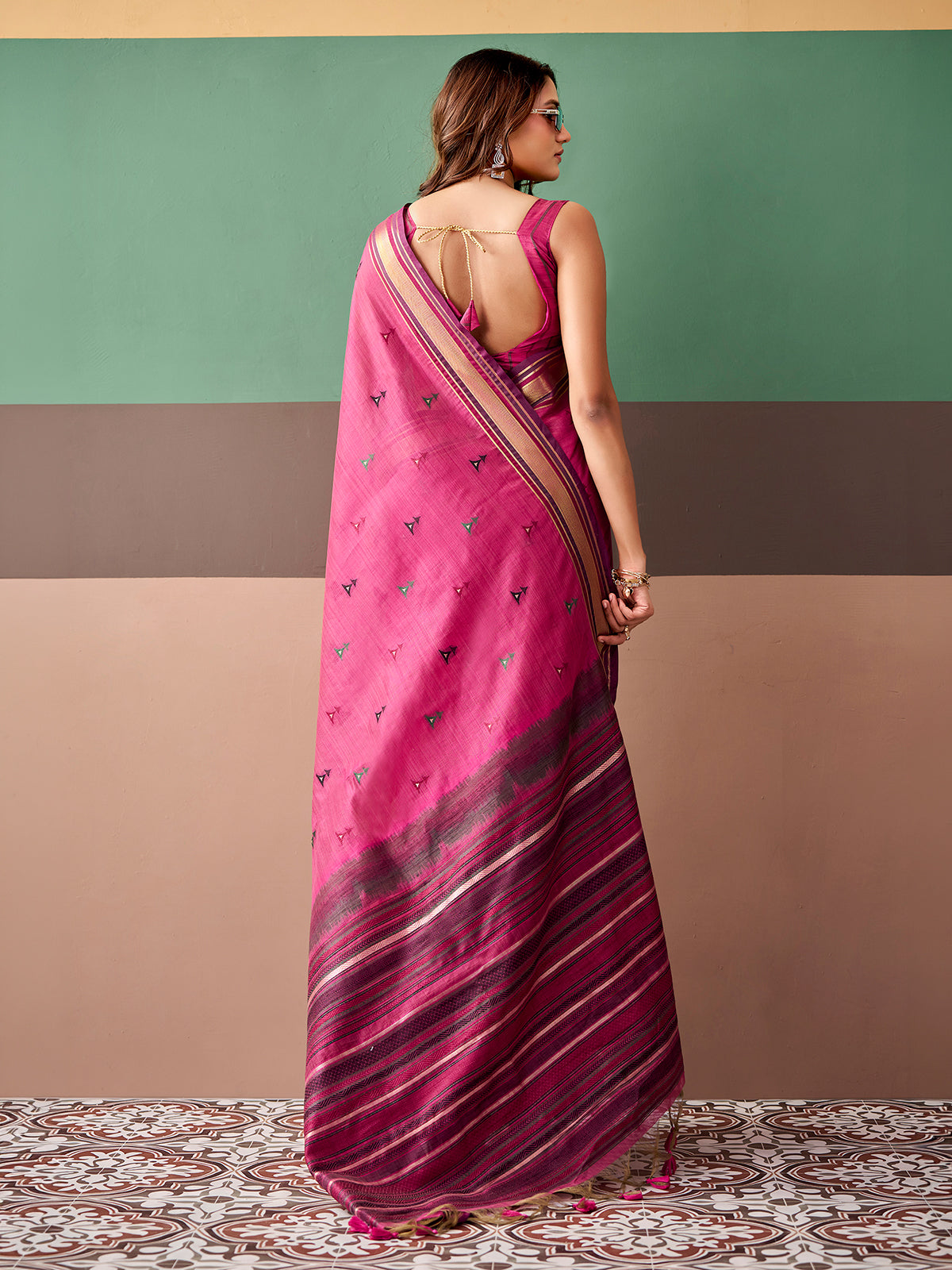 Pink heritage woven cotton saree