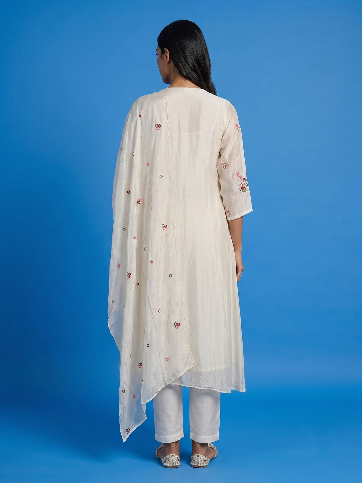 Cream silk pearl embellished festive kurti set with dupatta