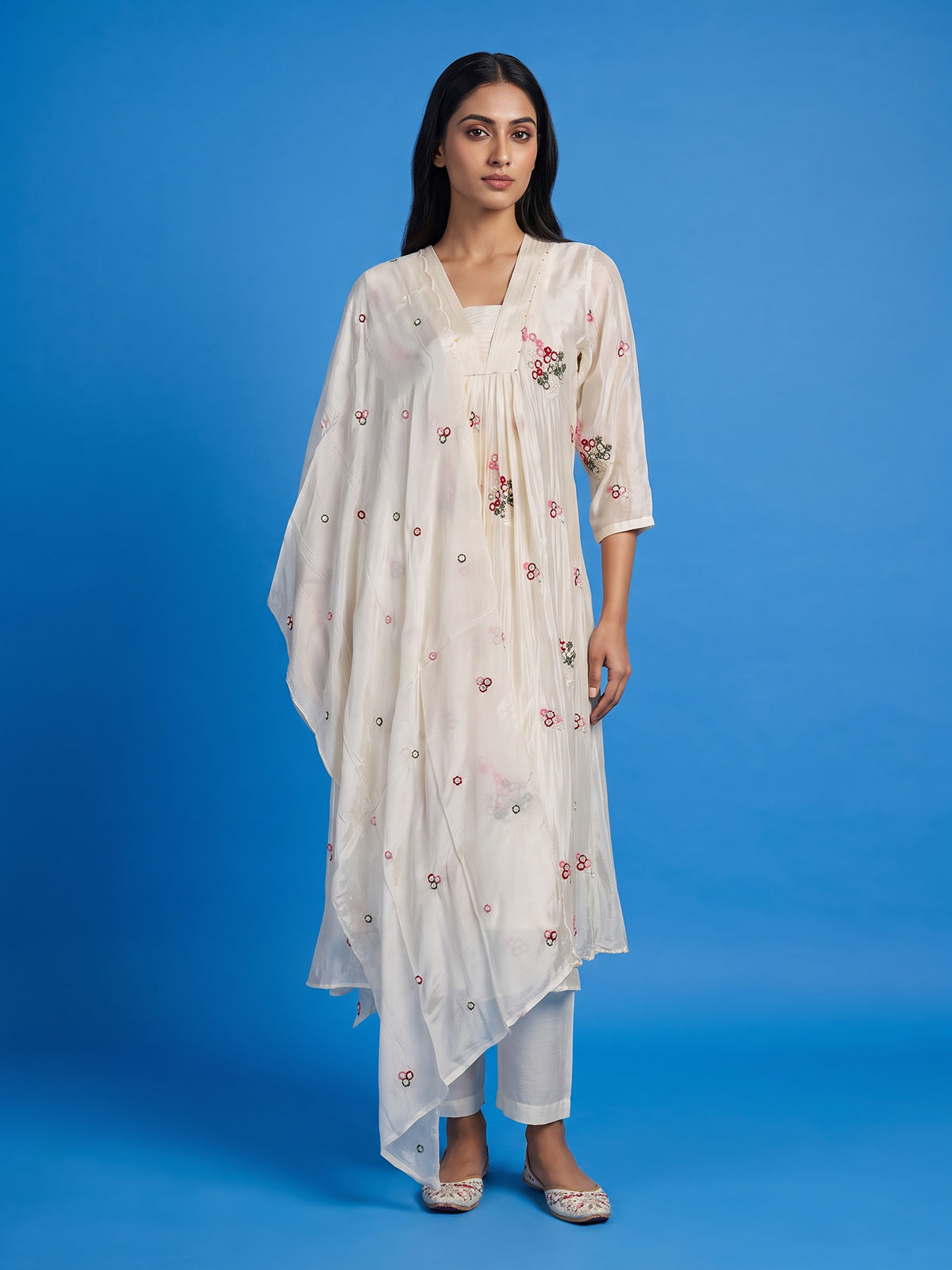 Cream silk pearl embellished festive kurti set with dupatta