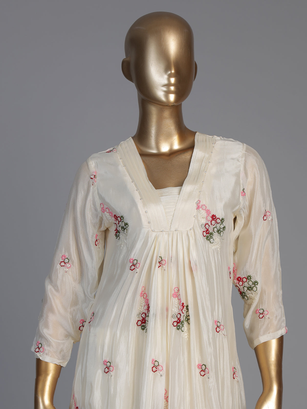 Cream silk pearl embellished festive kurti set with dupatta