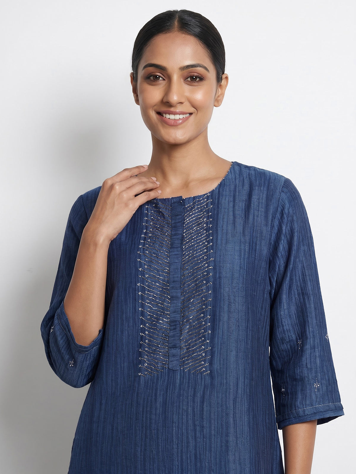 Indigo blue silk embellished festive straight kurti set