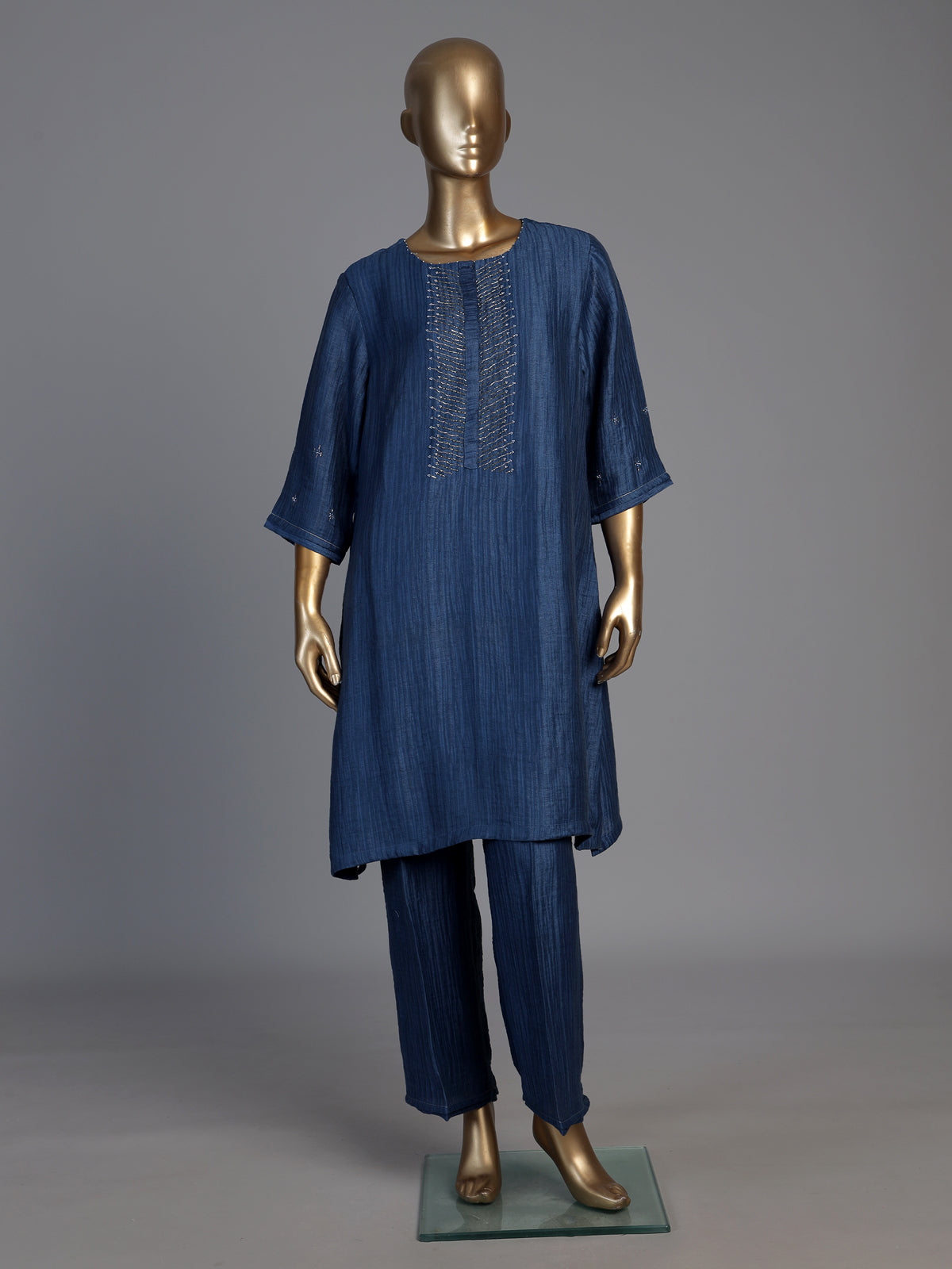 Indigo blue silk embellished festive straight kurti set