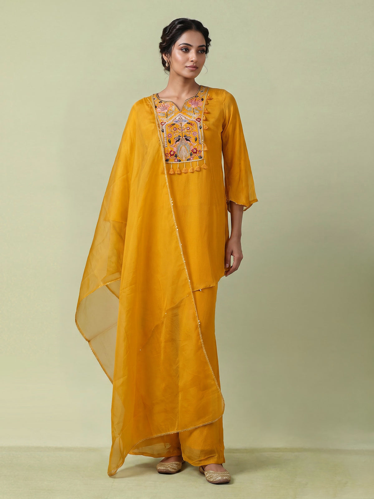 Mustard yellow chiffon silk designer festive palazzo kurti set