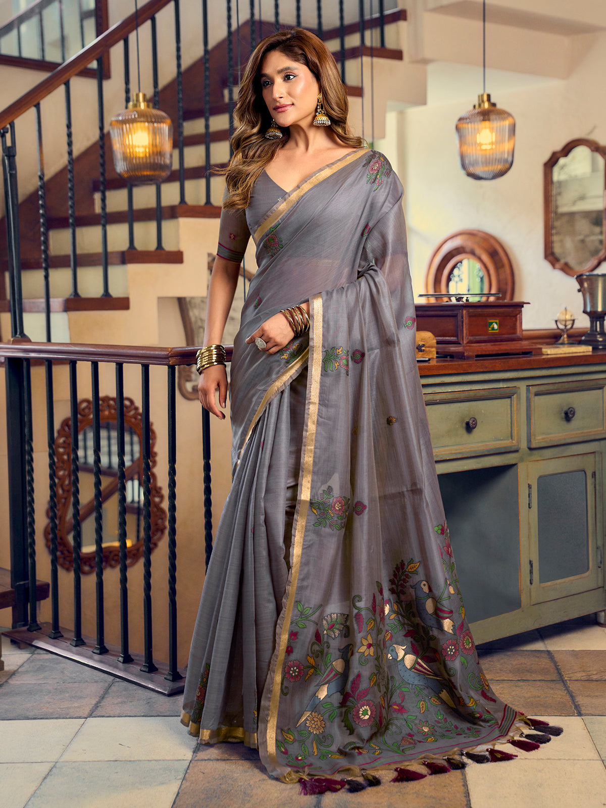 Grey traditional floral bird kolkata cotton saree