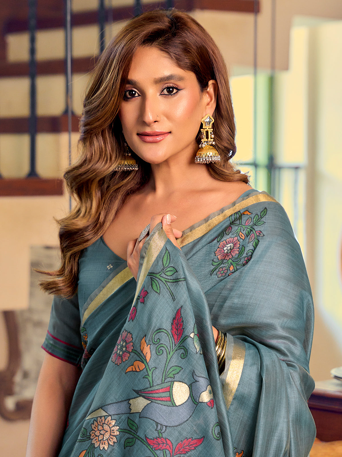 Teal blue artistic bird motif kolkata cotton saree