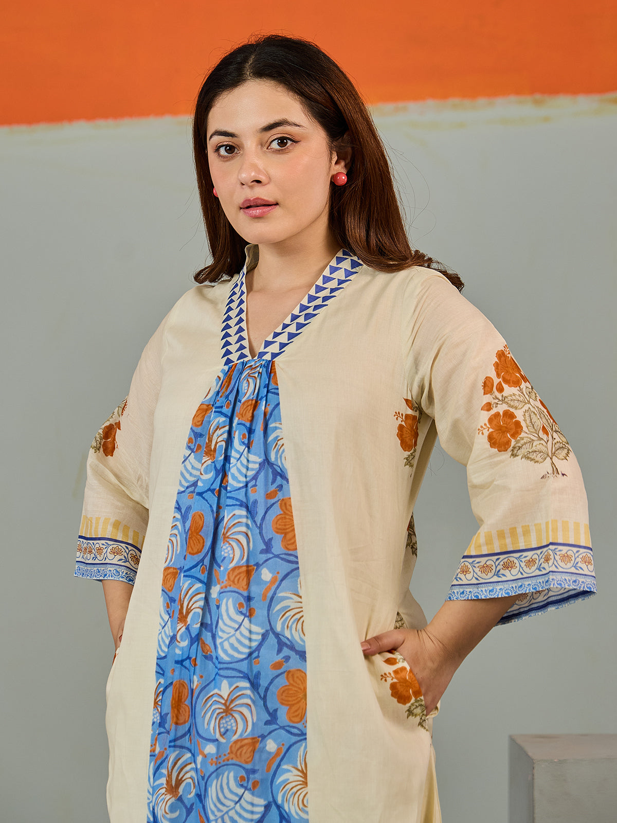 Yellow vibrant printed cotton kurti set