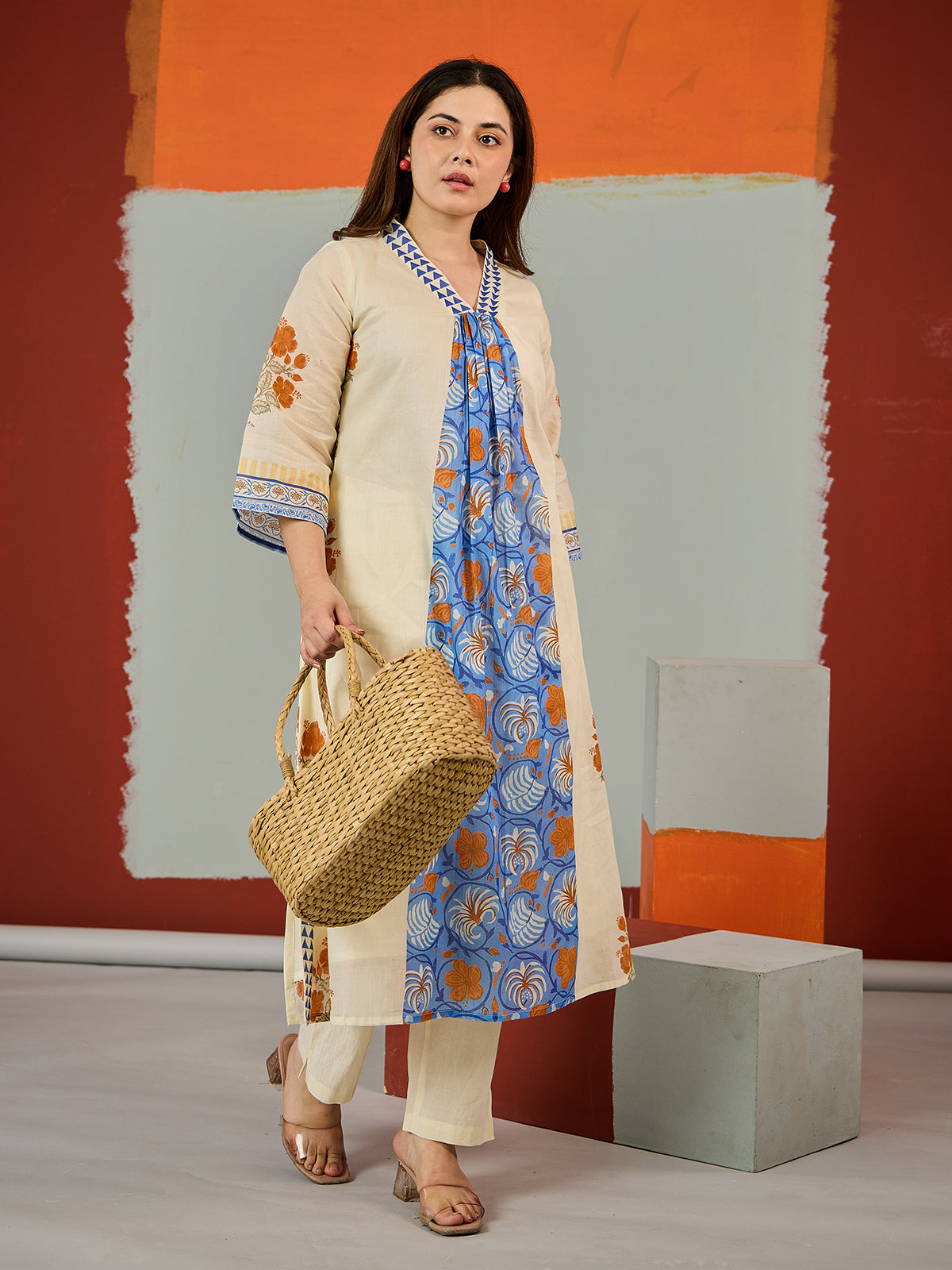 Yellow vibrant printed cotton kurti set