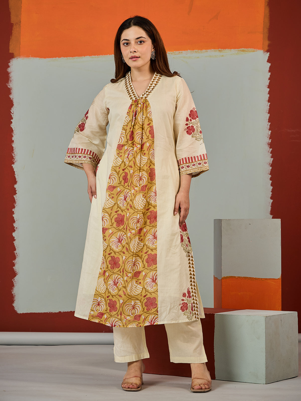 Blue tropical printed cotton kurti set