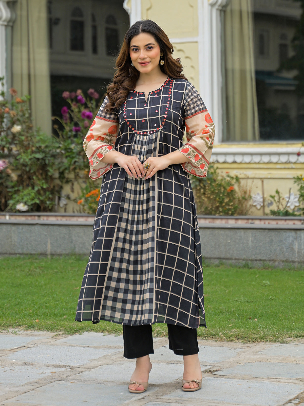 Black mirror embroidered anarkali kurti set