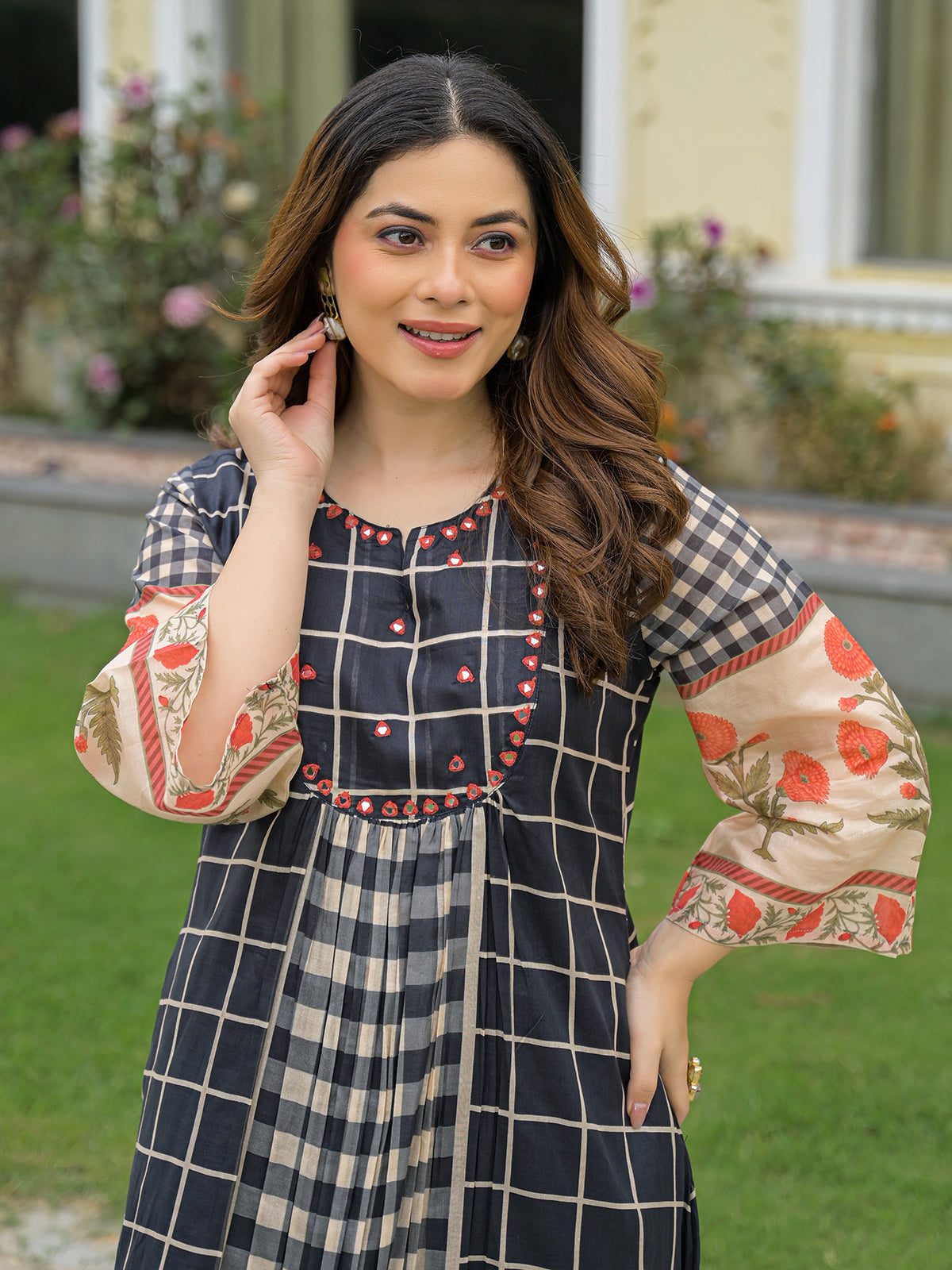 Black mirror embroidered anarkali kurti set