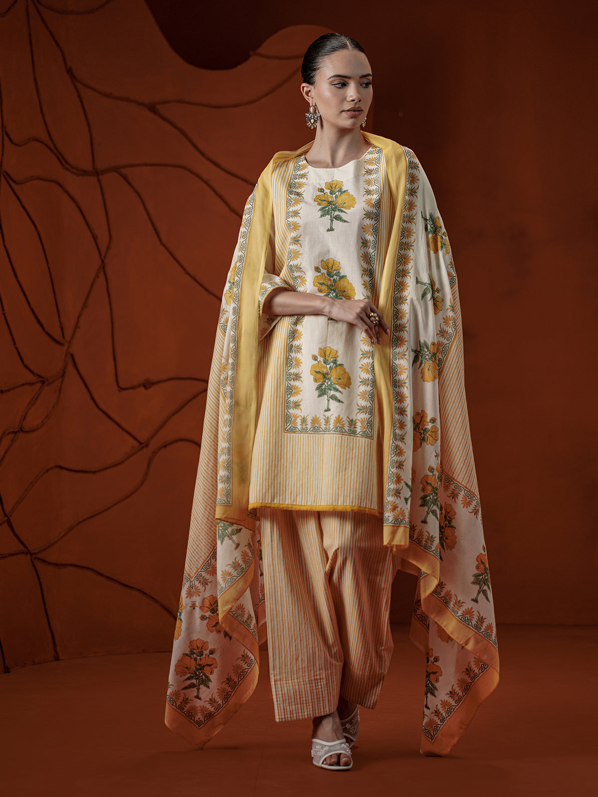 Light yellow floral printed cotton kurti set