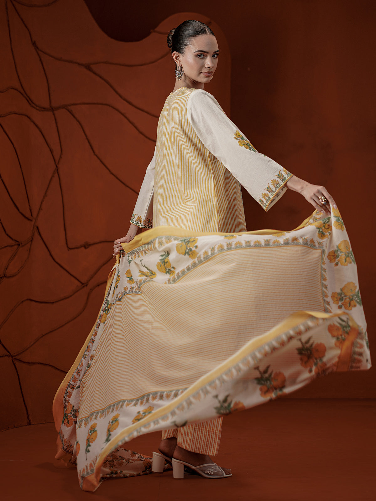 Light yellow floral printed cotton kurti set