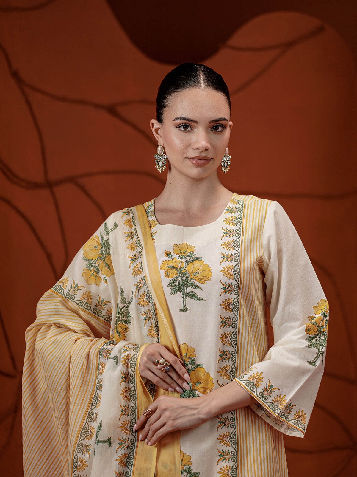 Light yellow floral printed cotton kurti set