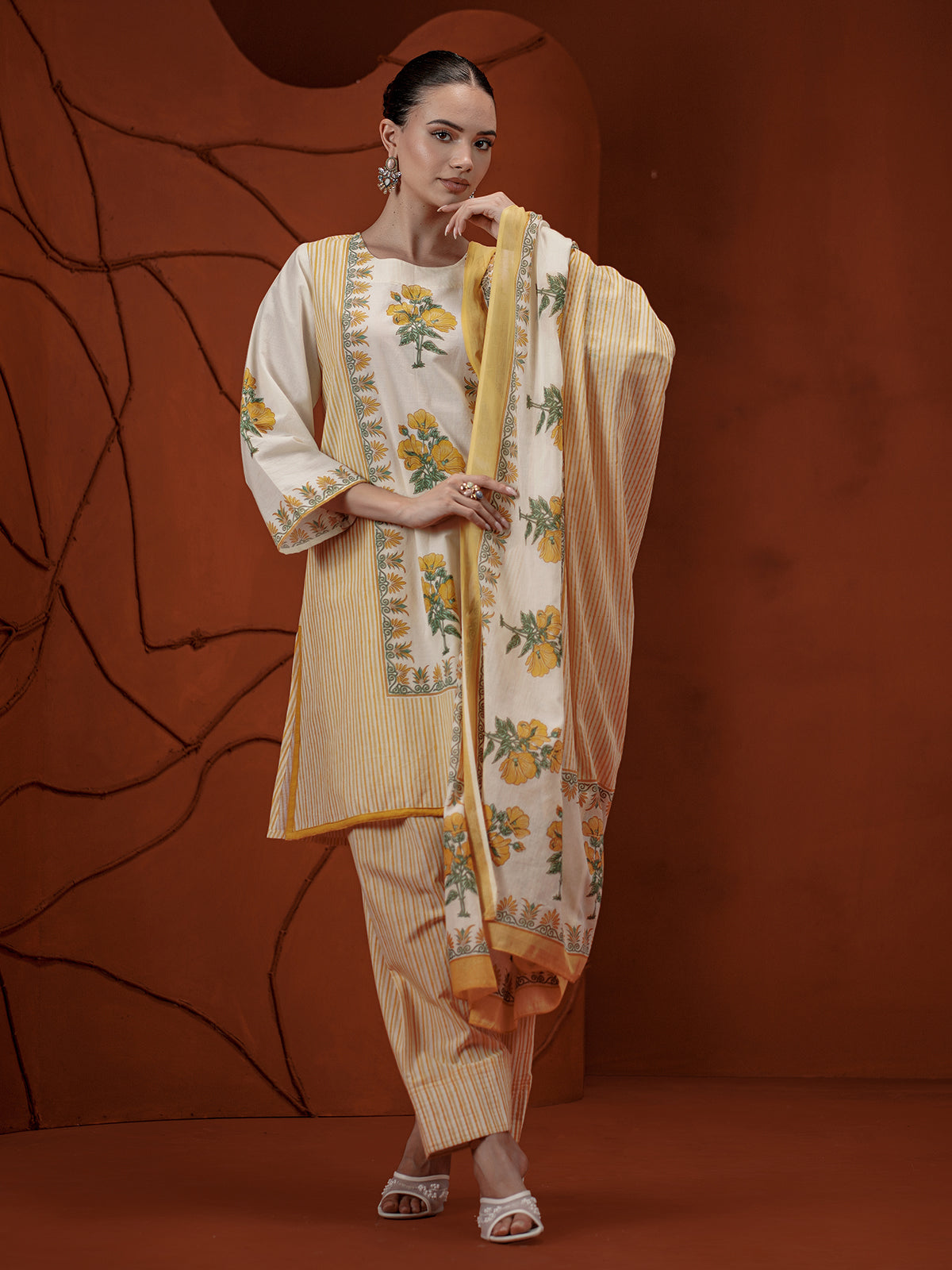 Light yellow floral printed cotton kurti set