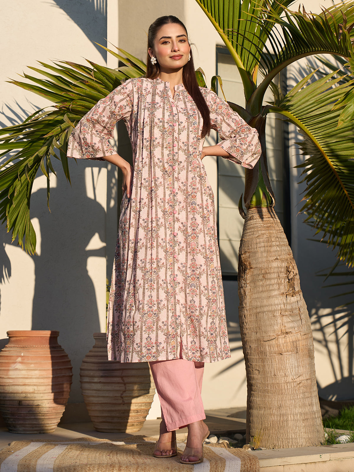Pink elegant printed cotton silk kurti set