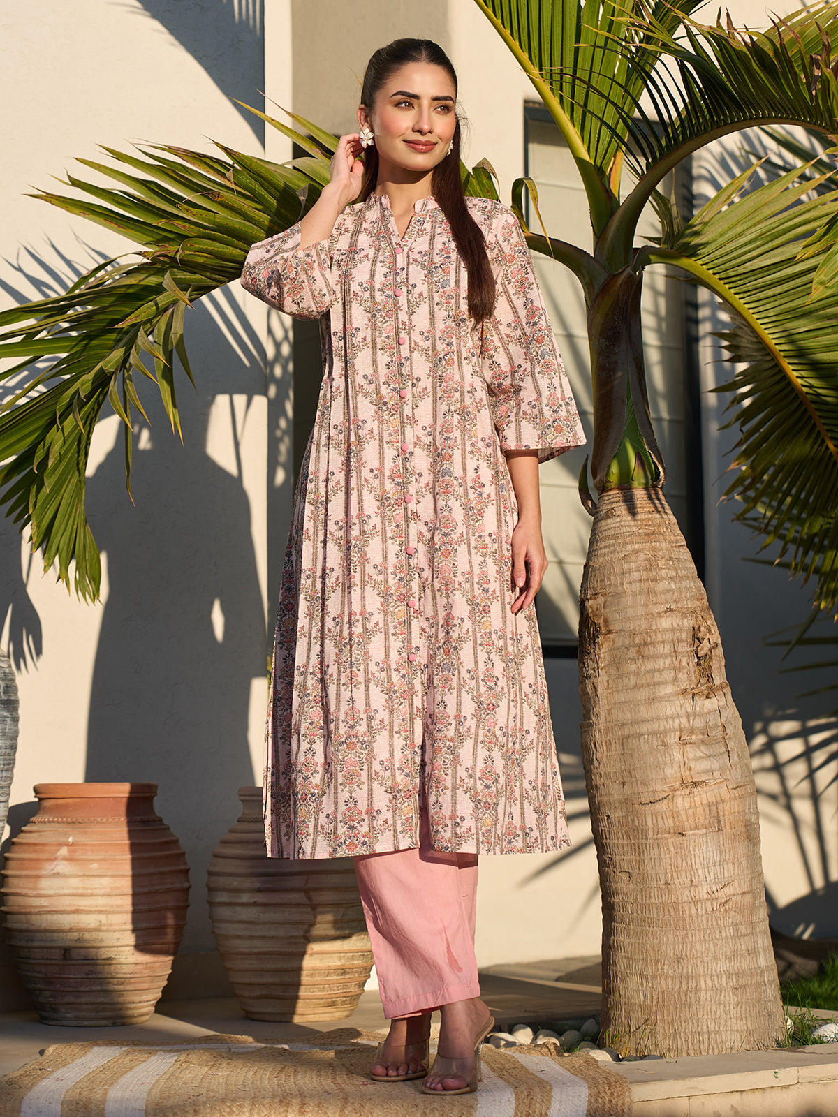 Pink elegant printed cotton silk kurti set