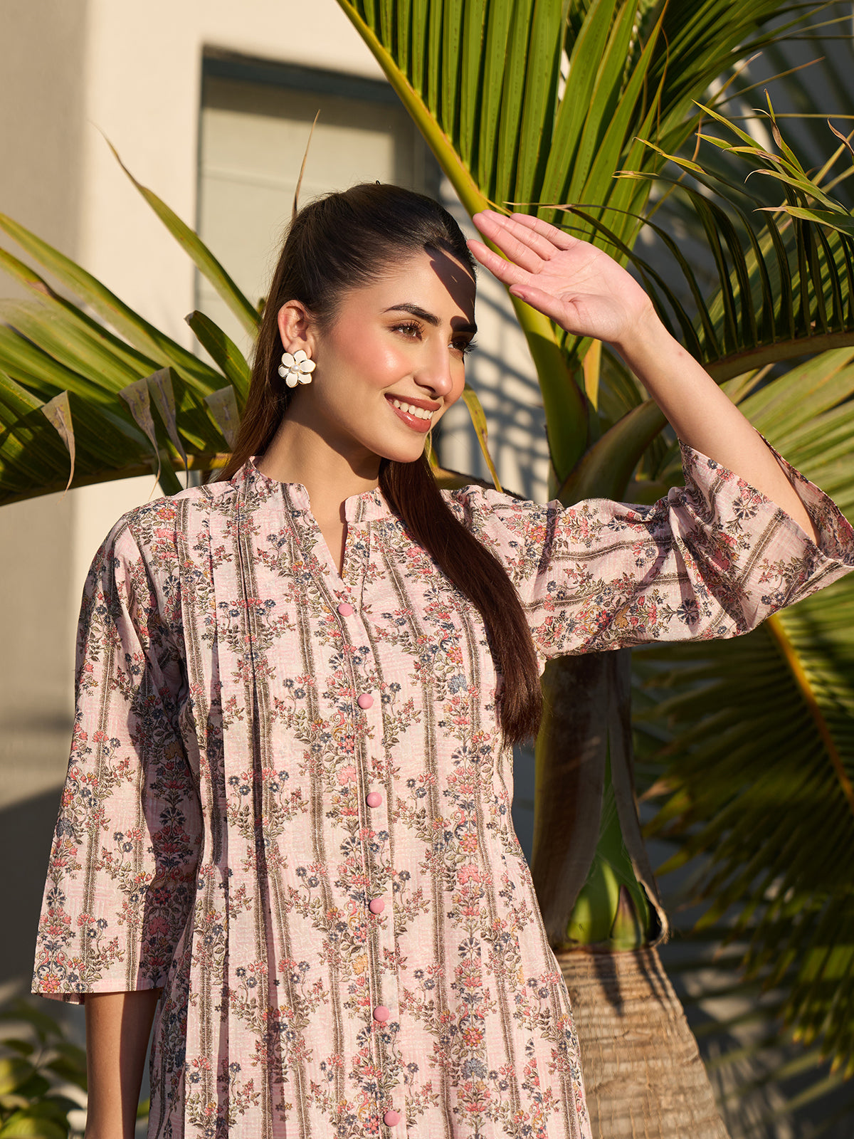 Pink elegant printed cotton silk kurti set