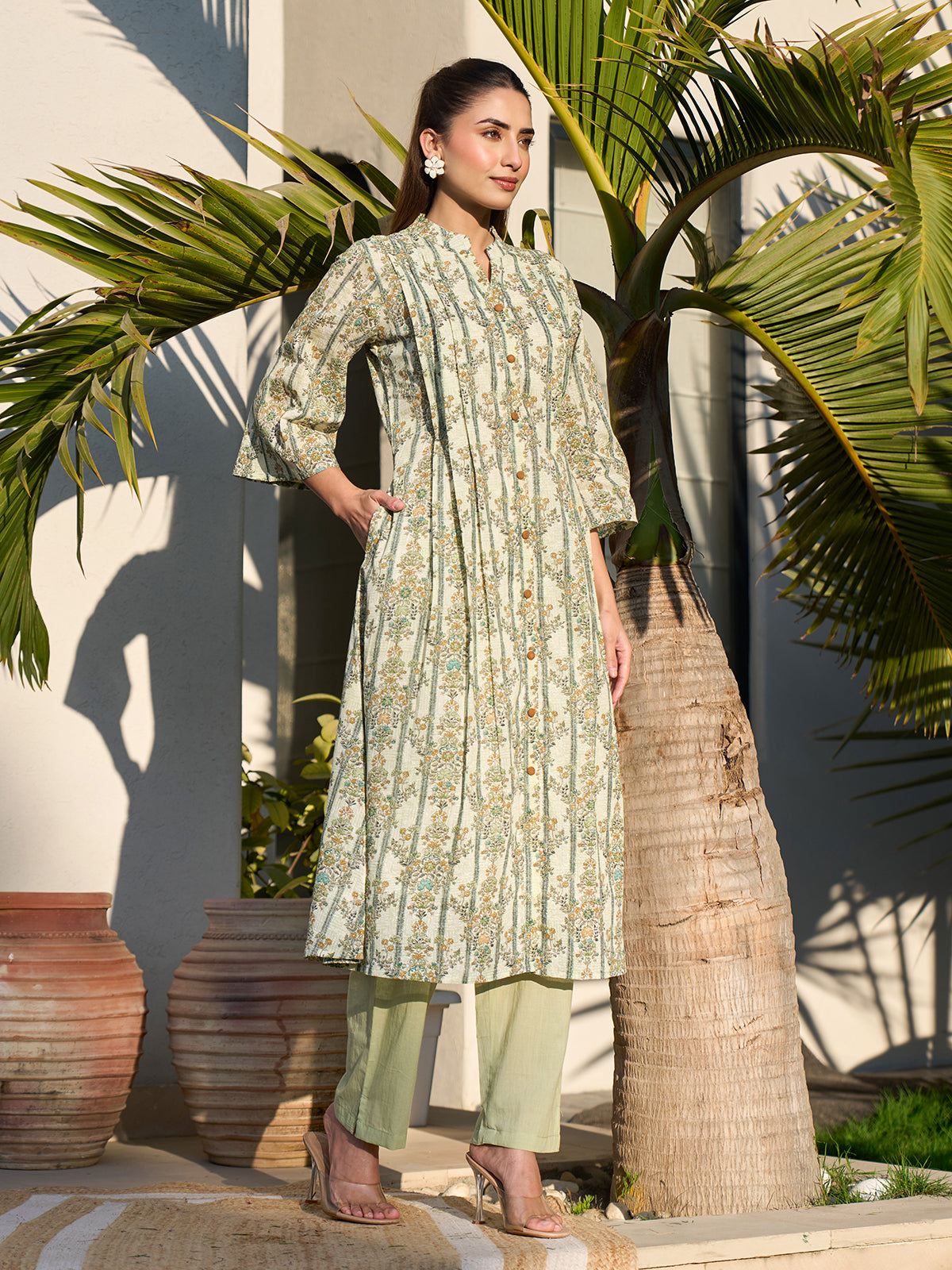 Green graceful printed cotton silk kurti set