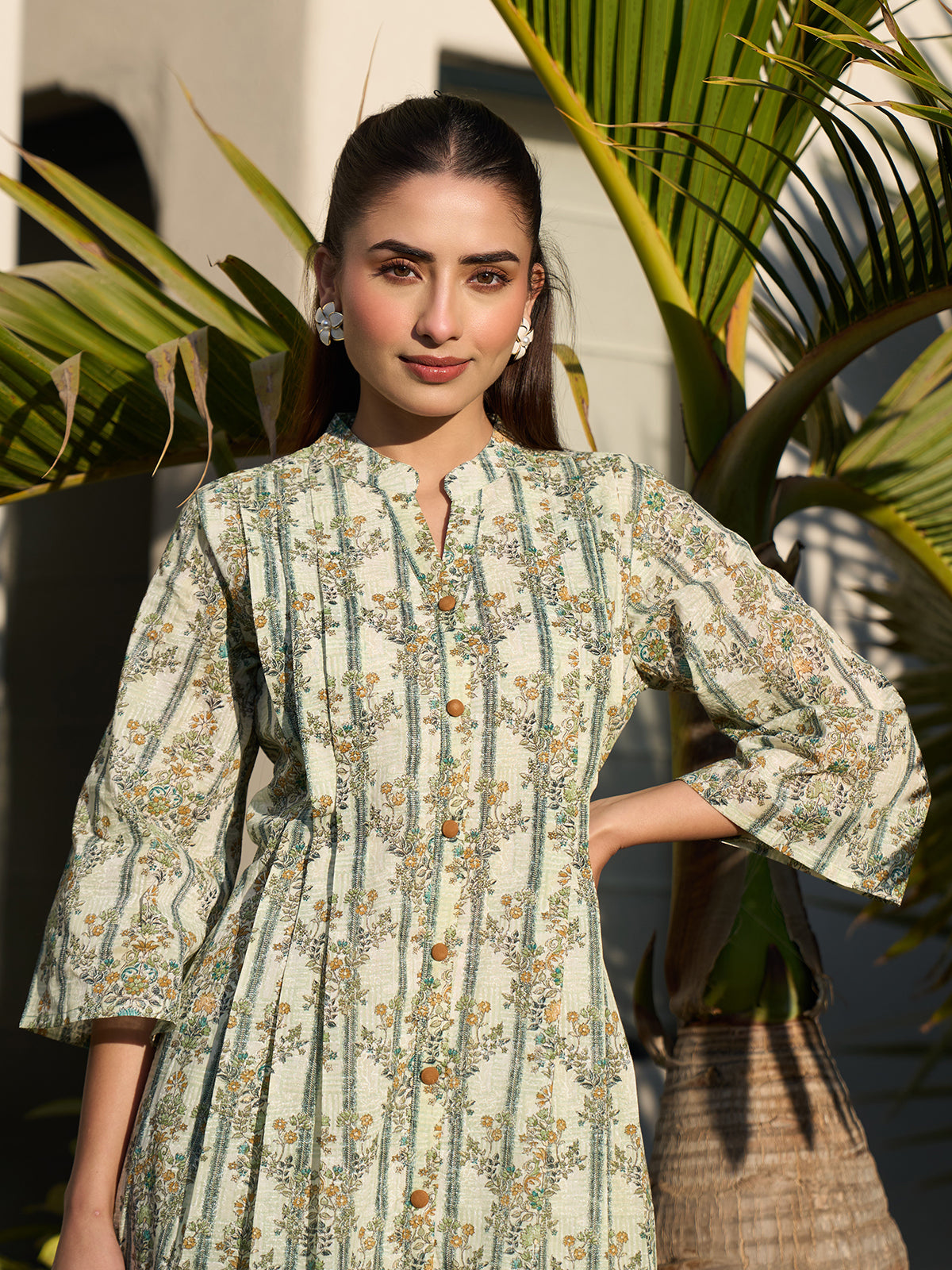 Green graceful printed cotton silk kurti set