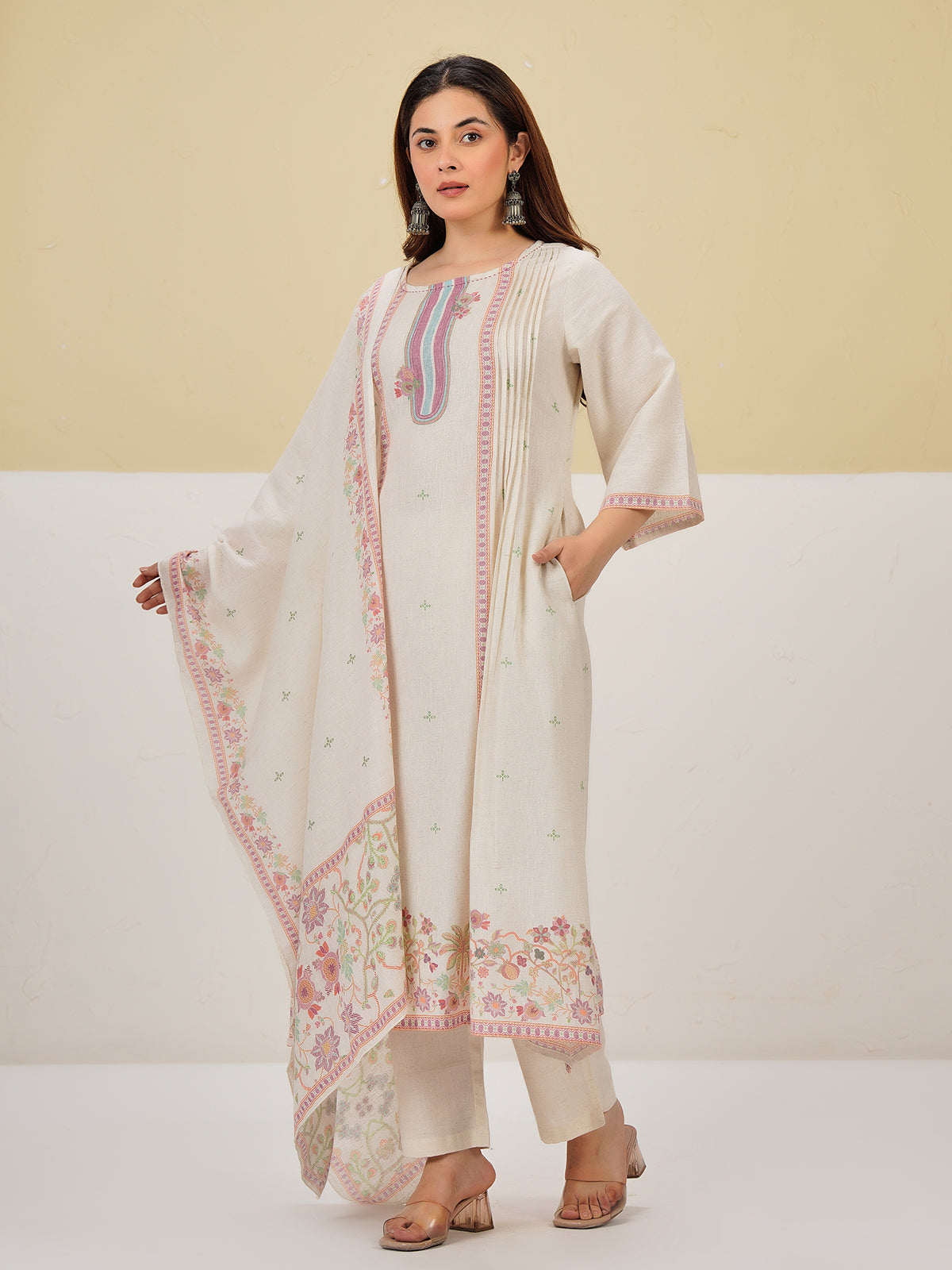 Off white elegant printed cotton kurti set