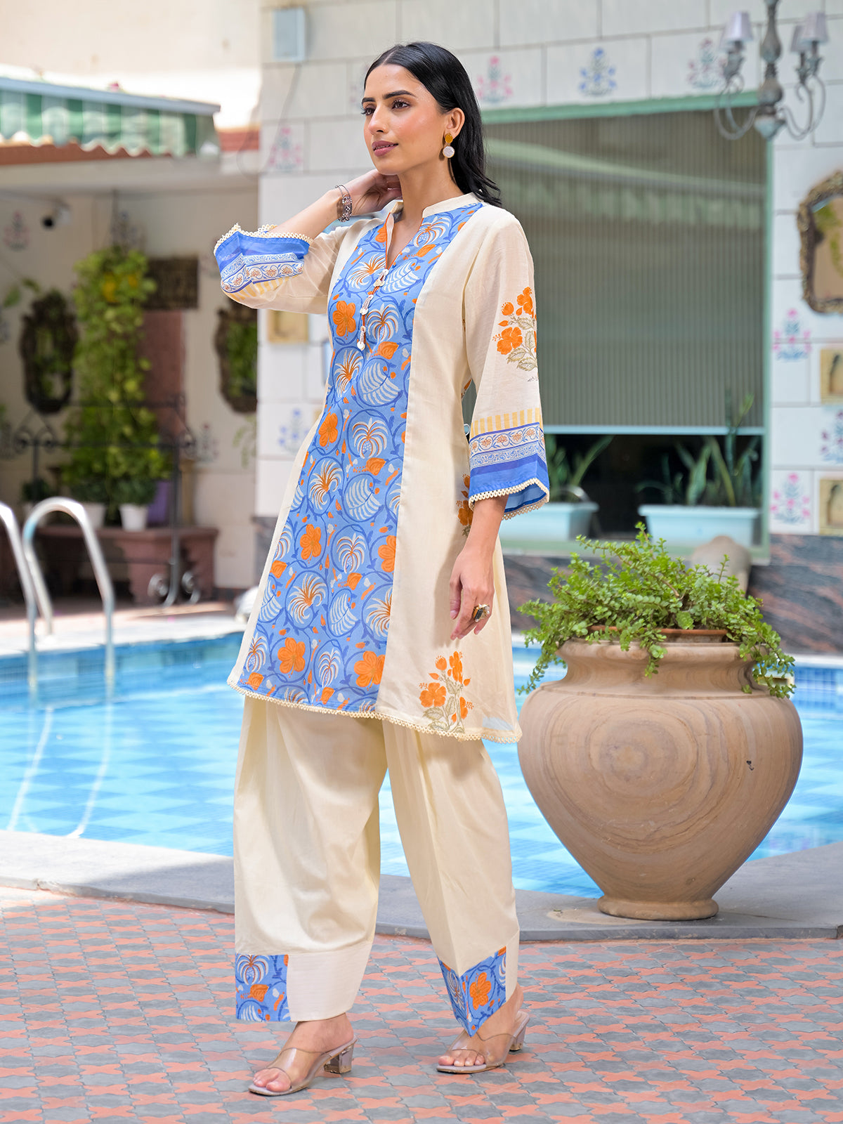 Cream embroidered cotton festive kurti set