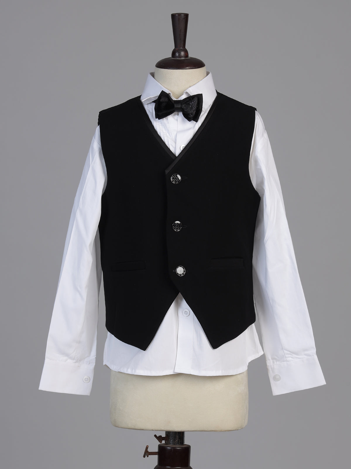 Black embroidered velvet boys three piece coat suit