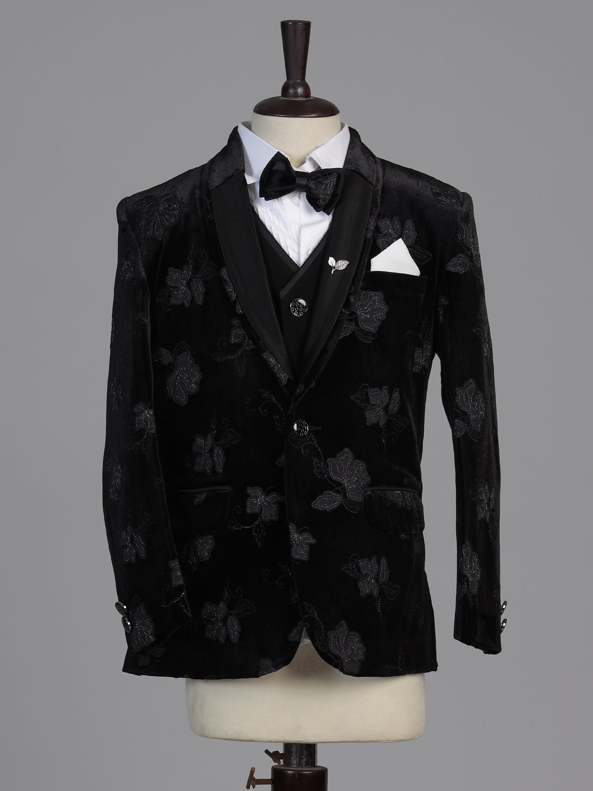 Black embroidered velvet boys three piece coat suit