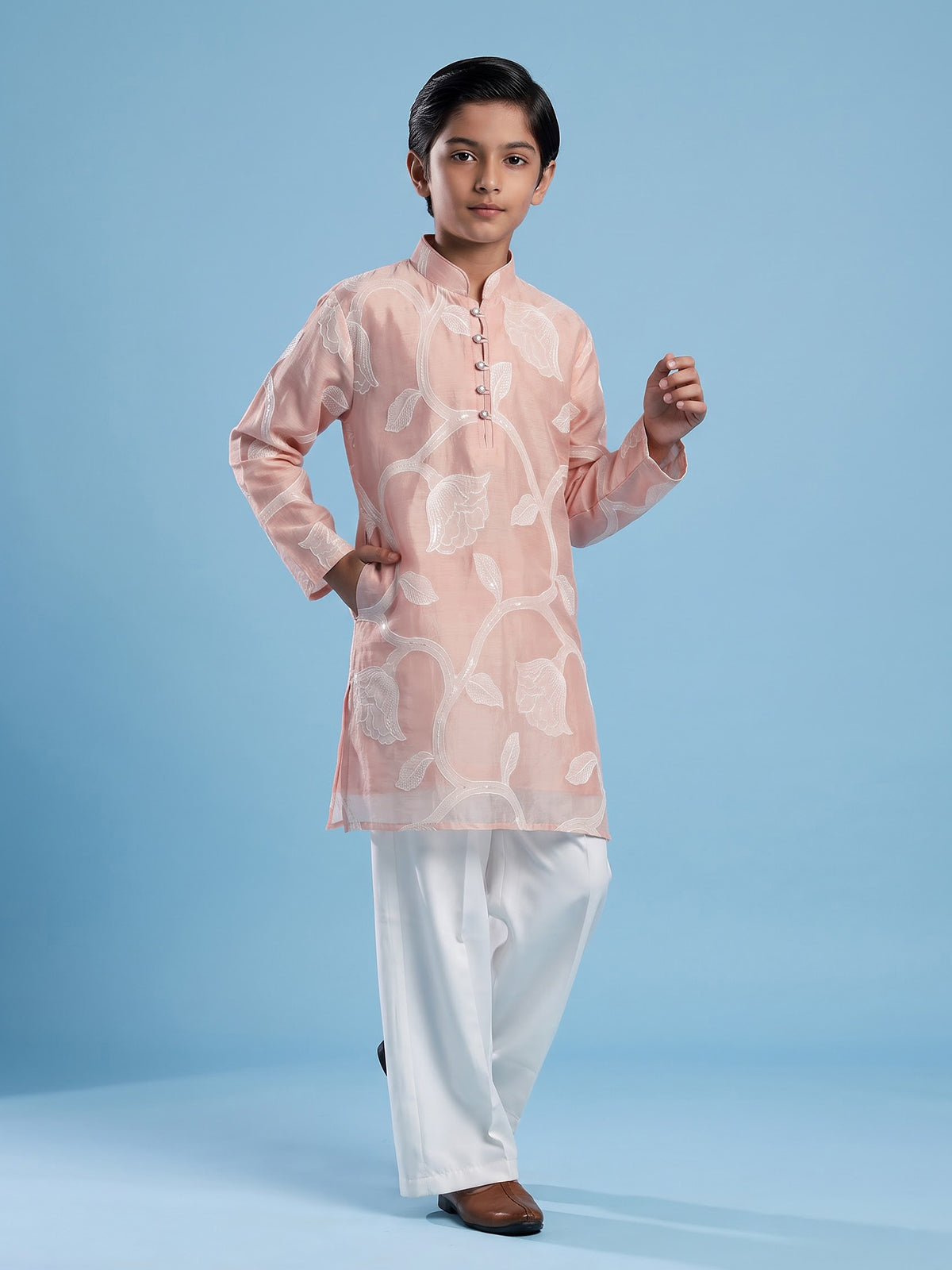 Light pink floral boys kurta suit