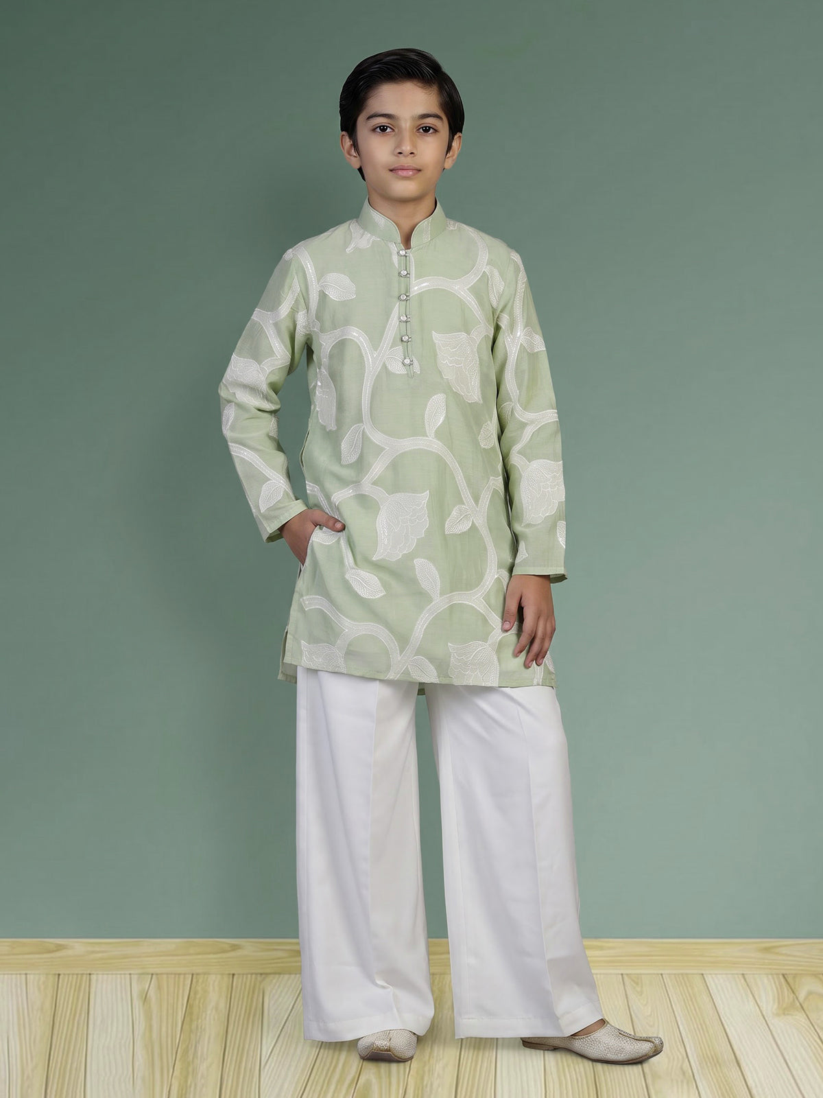 Pista green botanical boys kurta suit