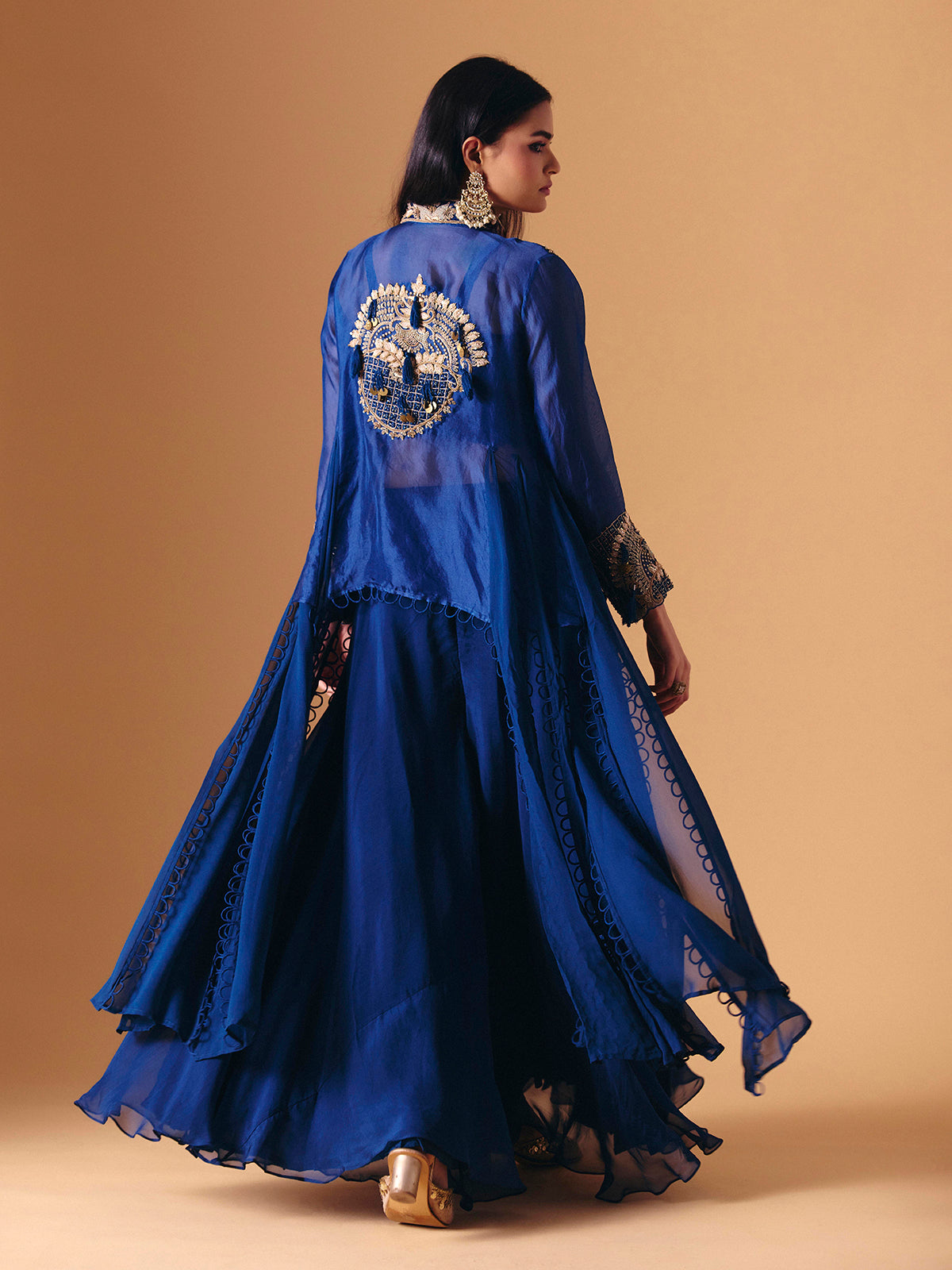 Blue tissue silk designer indo western palazzo suit