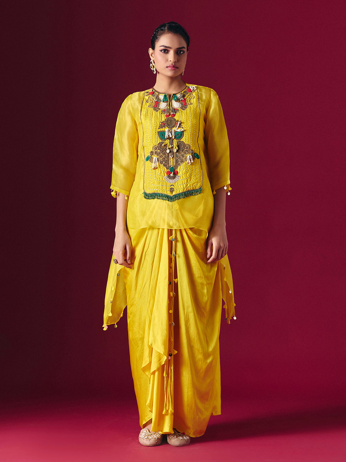Yellow tissue silk indo western festive salwar suit for women