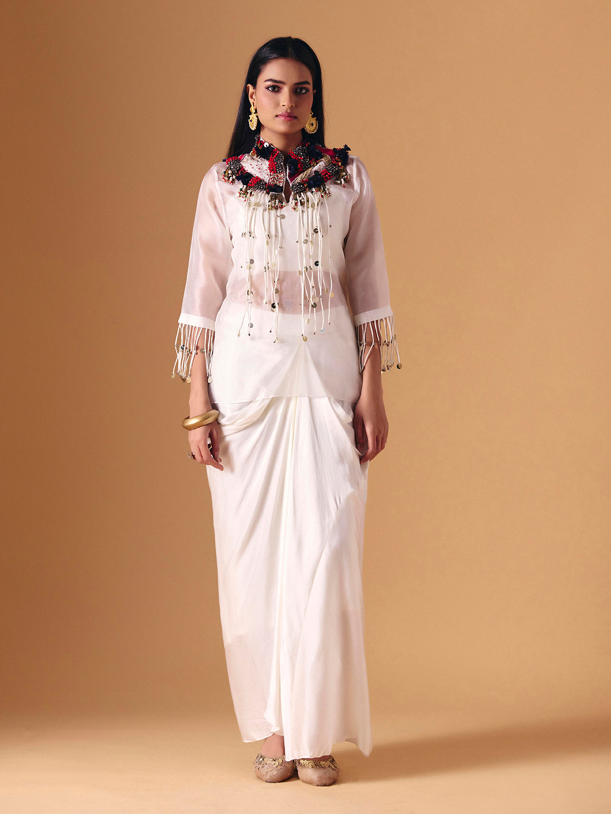 White tissue silk designer indo western salwar suit for women
