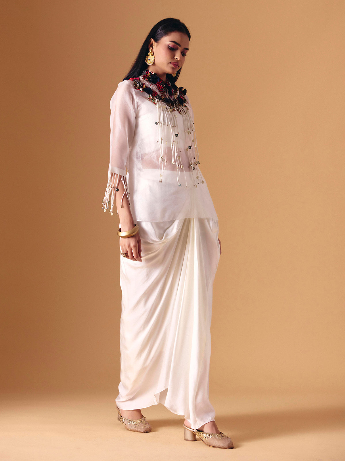White tissue silk designer indo western salwar suit for women