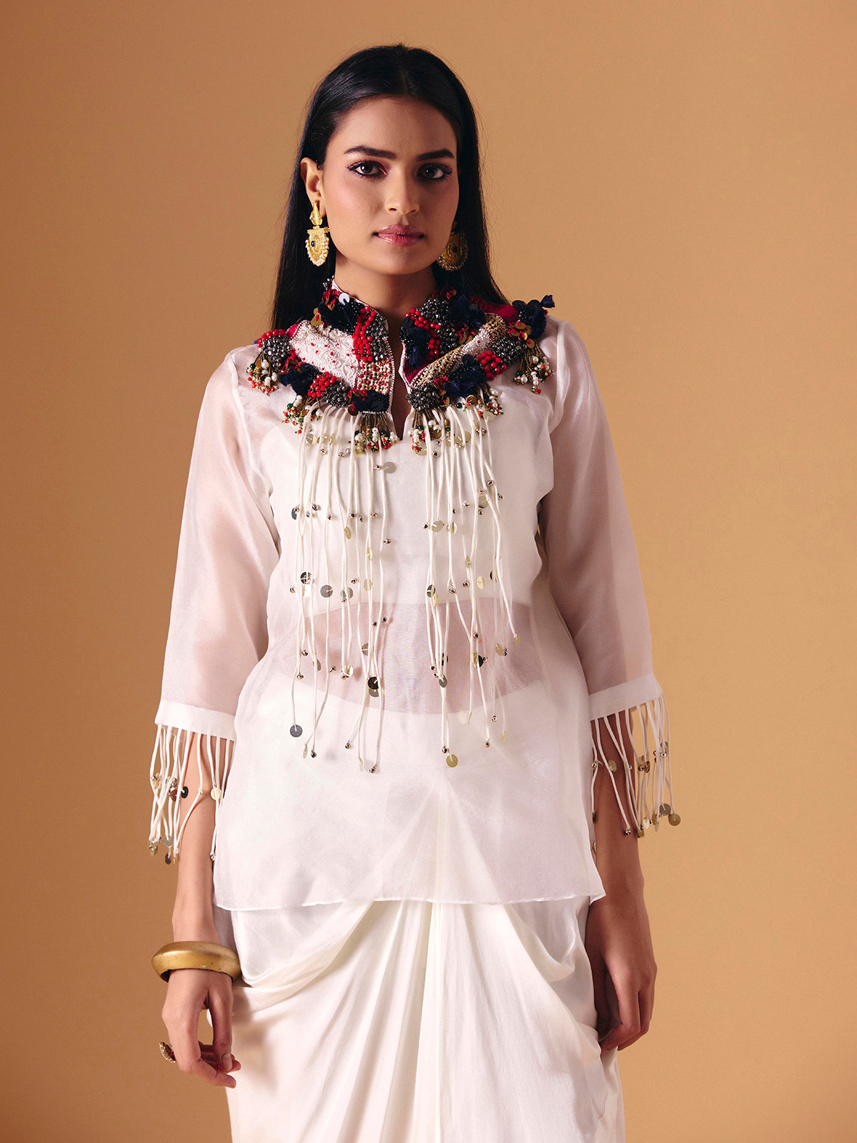White tissue silk designer indo western salwar suit for women