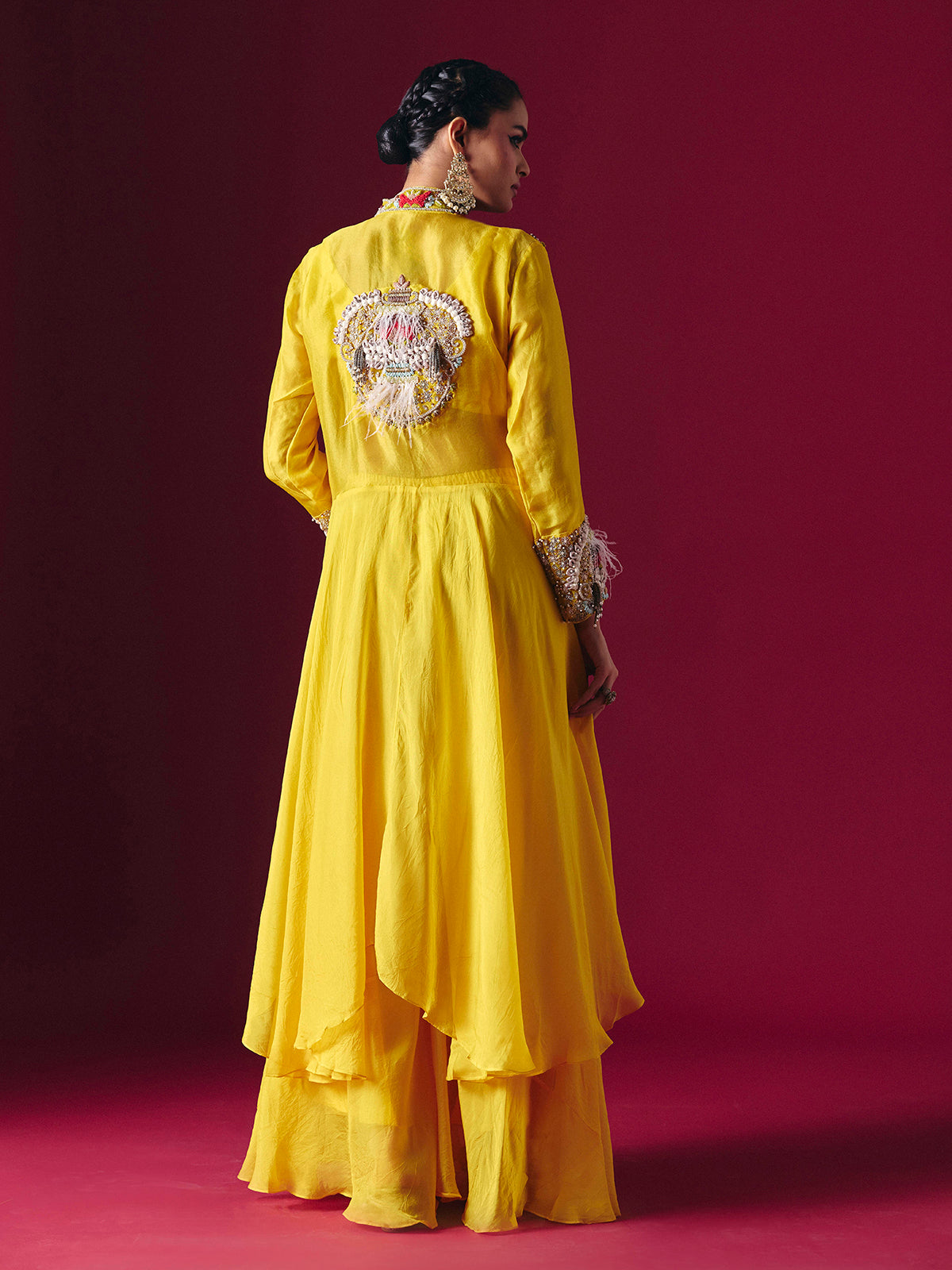 Yellow tissue silk designer indo western palazzo suit