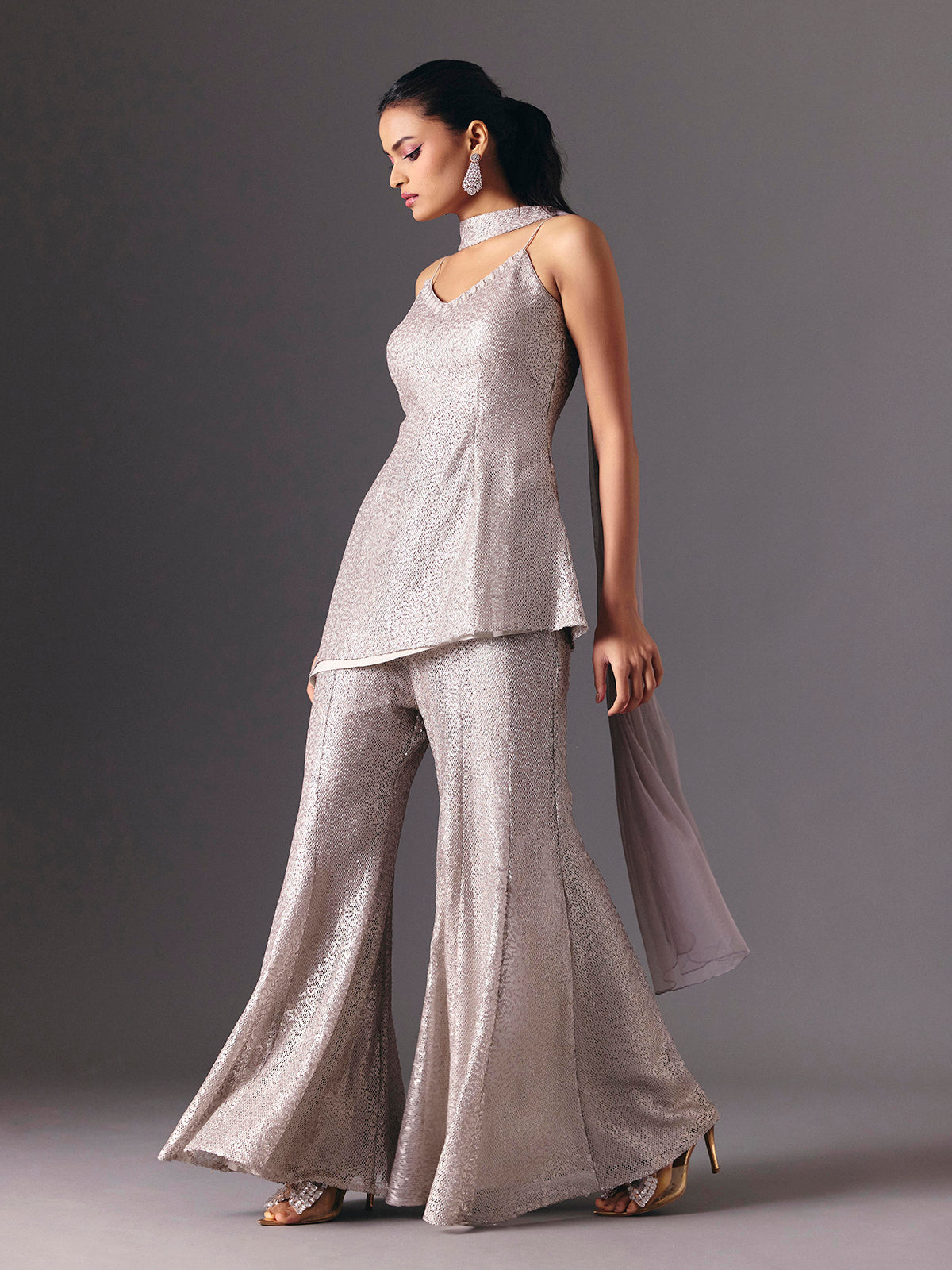 Lilac purple designer net palazzo salwar suit with choker dupatta
