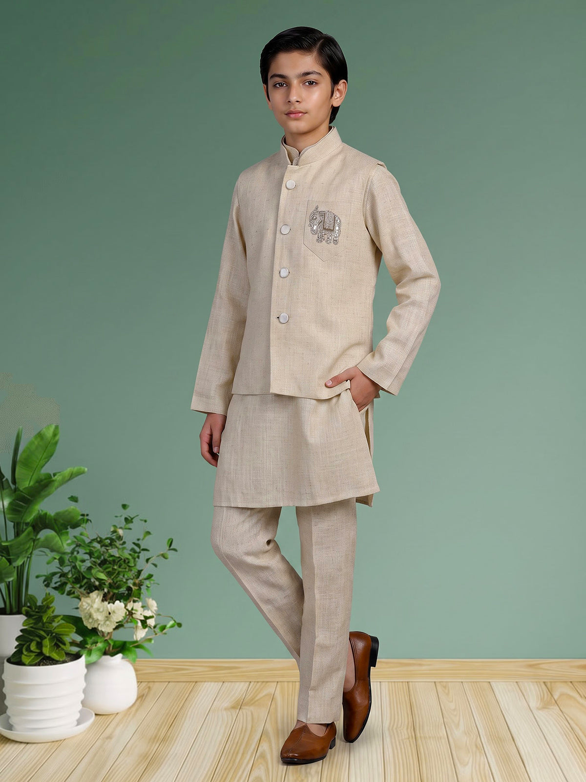 Cream elephant embroidered boys waistcoat set