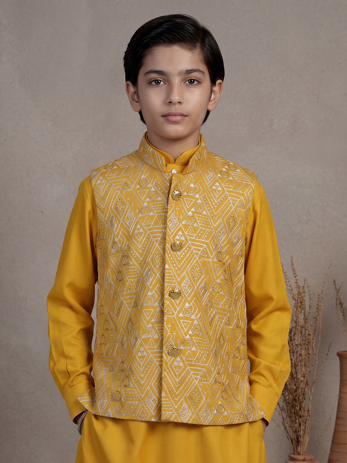 Mustard yellow chevron embroidered boys waistcoat set