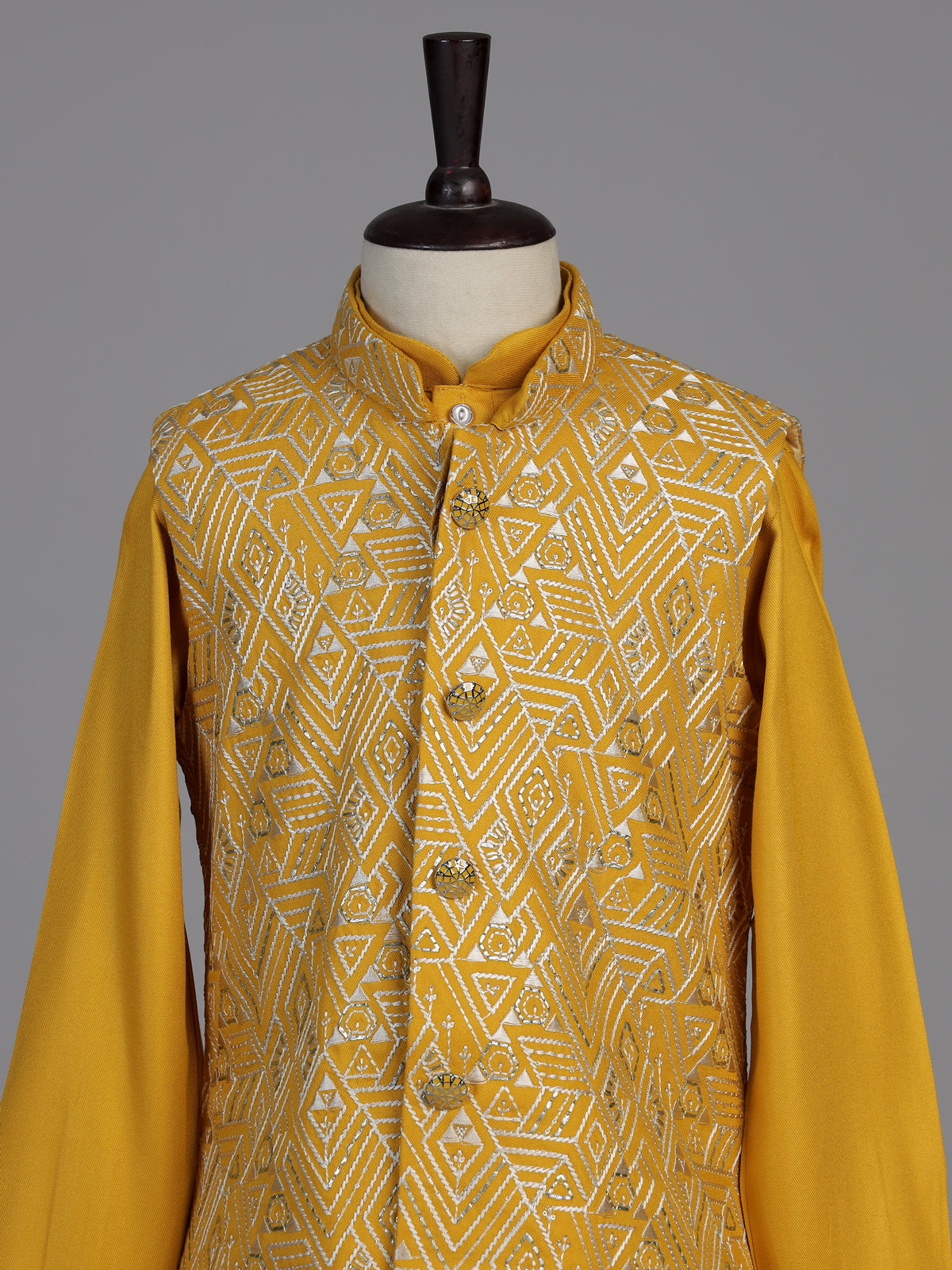 Mustard yellow chevron embroidered boys waistcoat set