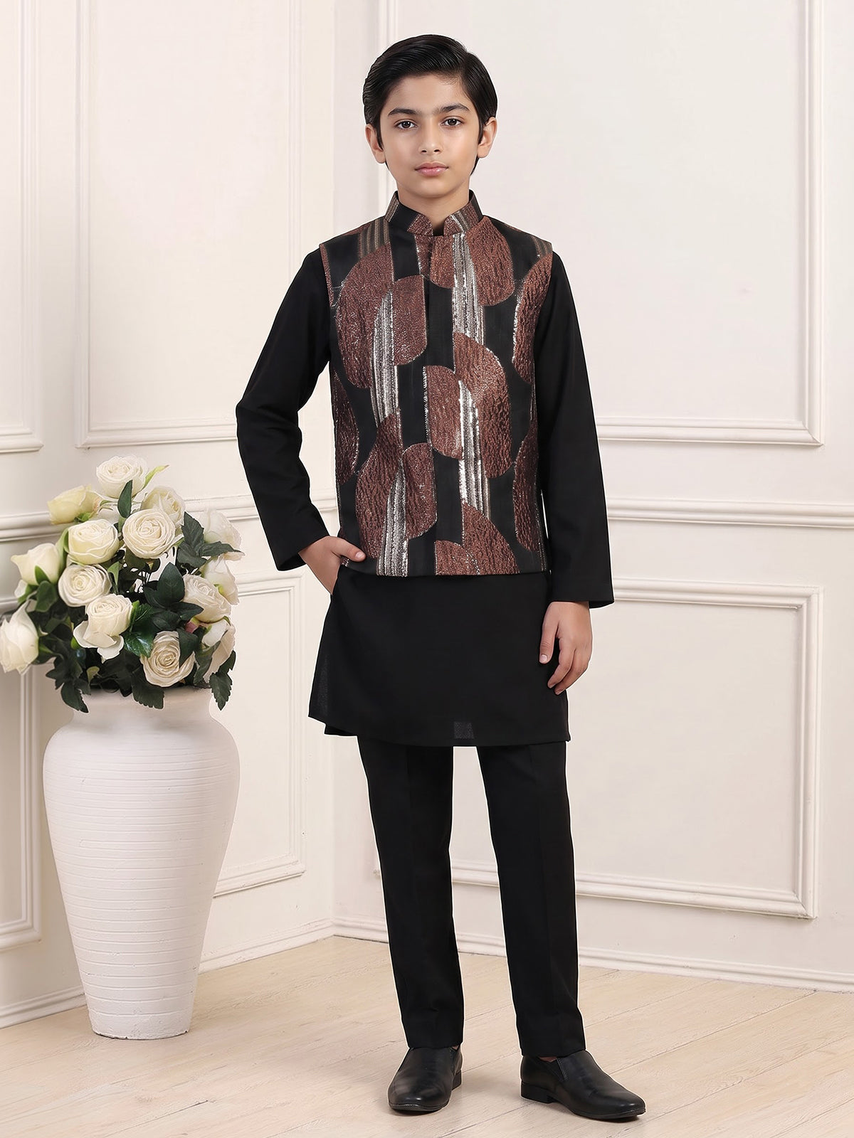 Black metallic nehru boys waistcoat set