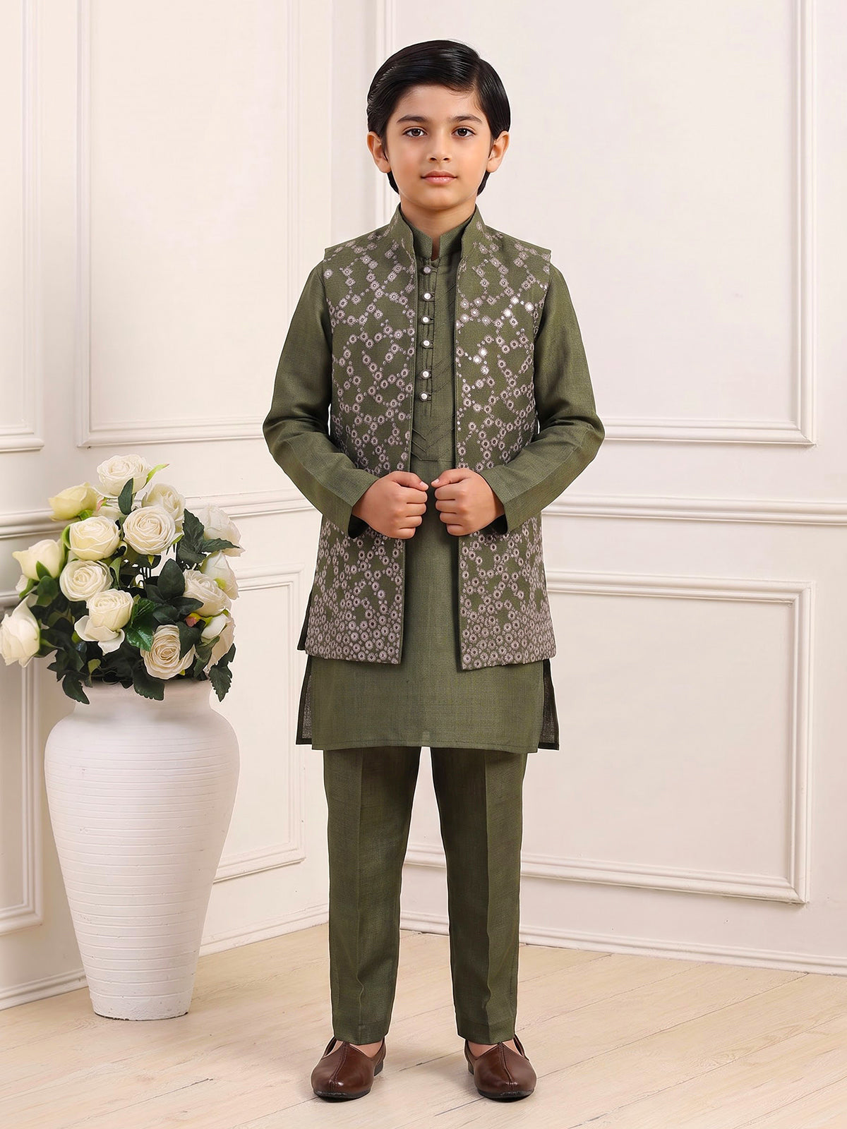 Olive aabla embroidered boys waistcoat set