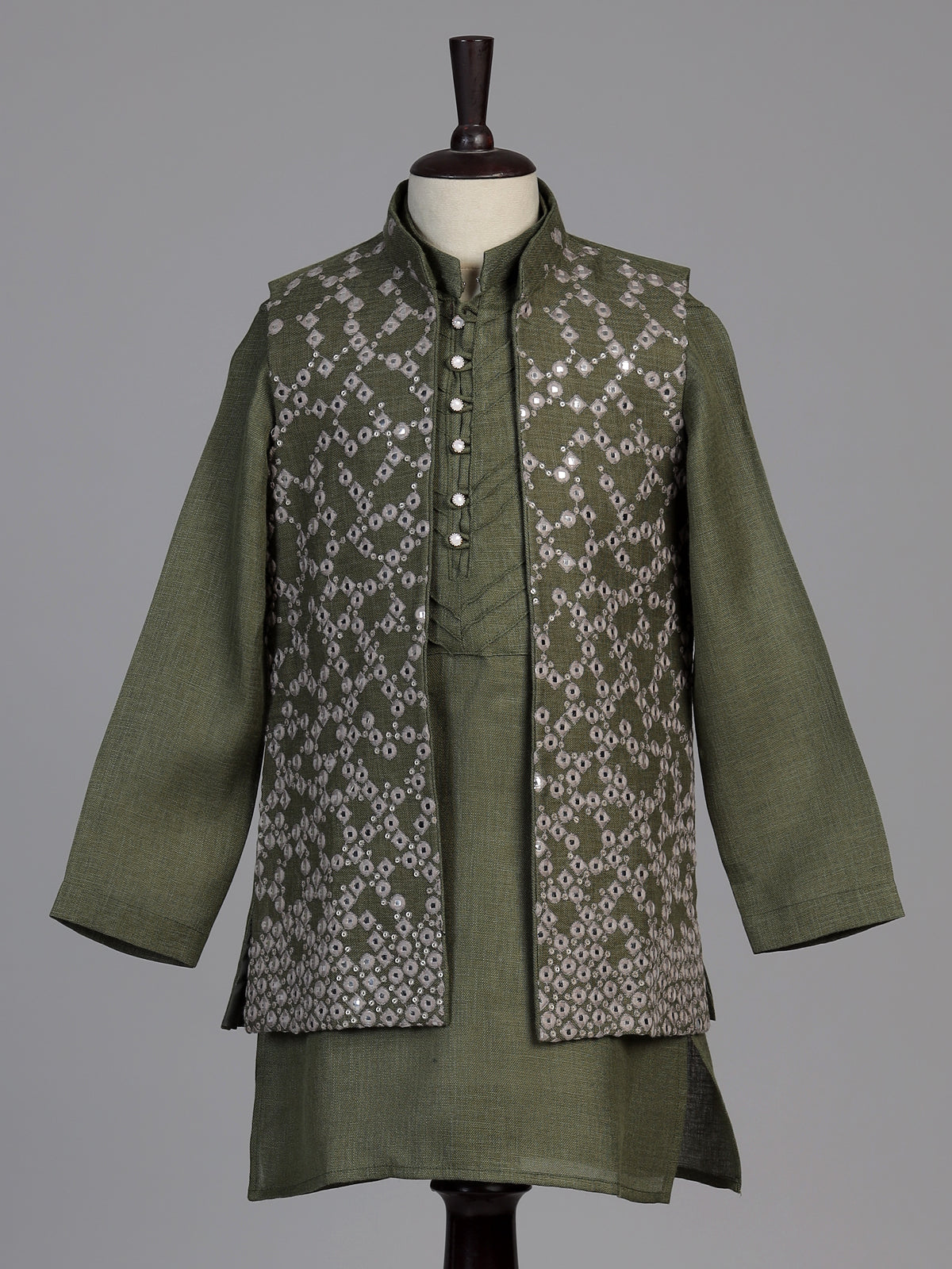 Olive aabla embroidered boys waistcoat set